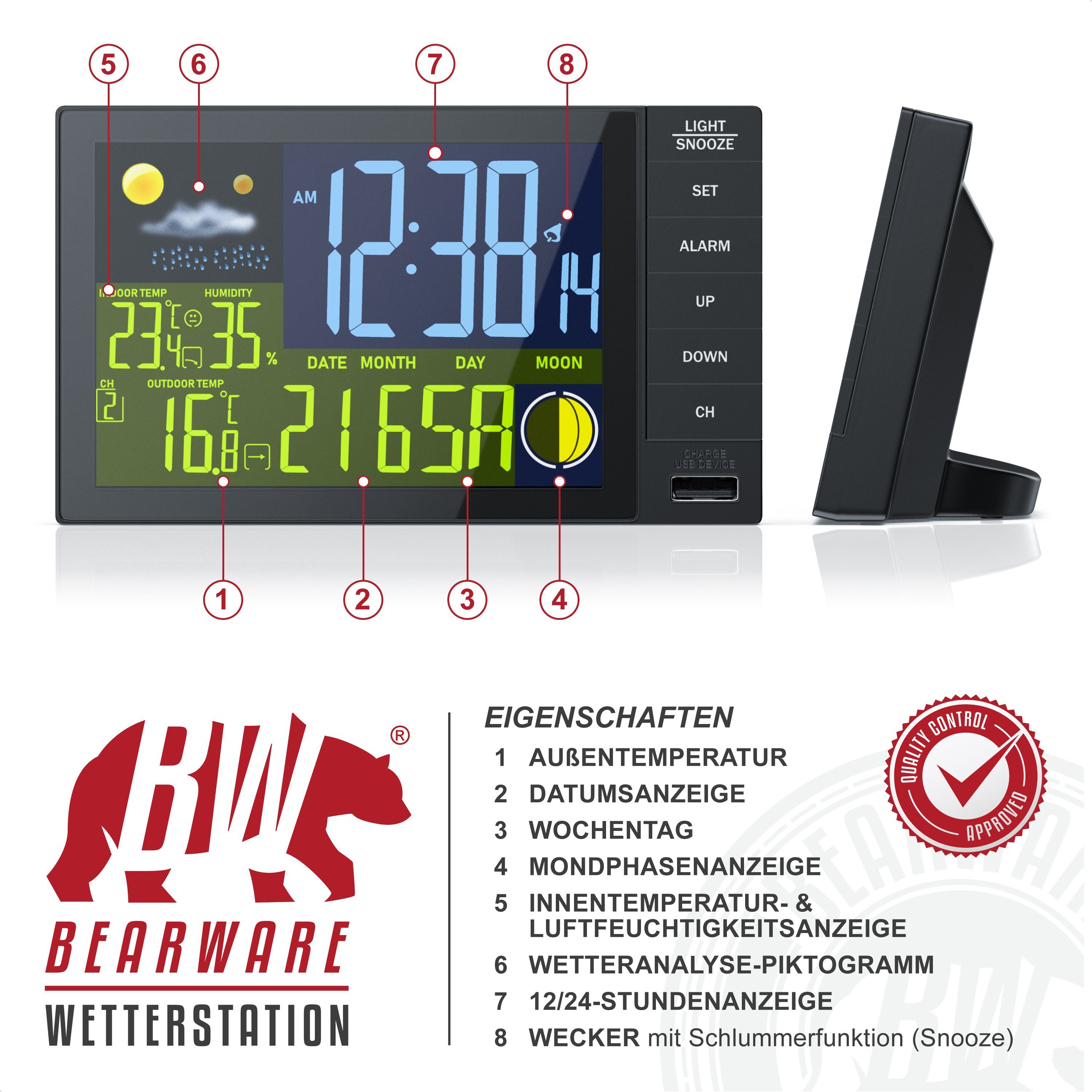 BEARWARE Funk, mit Farbdisplay, Wireless Funksensor/Außensensor, DCF Funkuhr Wetterstation (mit Außensensor, Thermometer, Mondphasen, Luftfeuchtigkeit, Wettervorhersage usw)