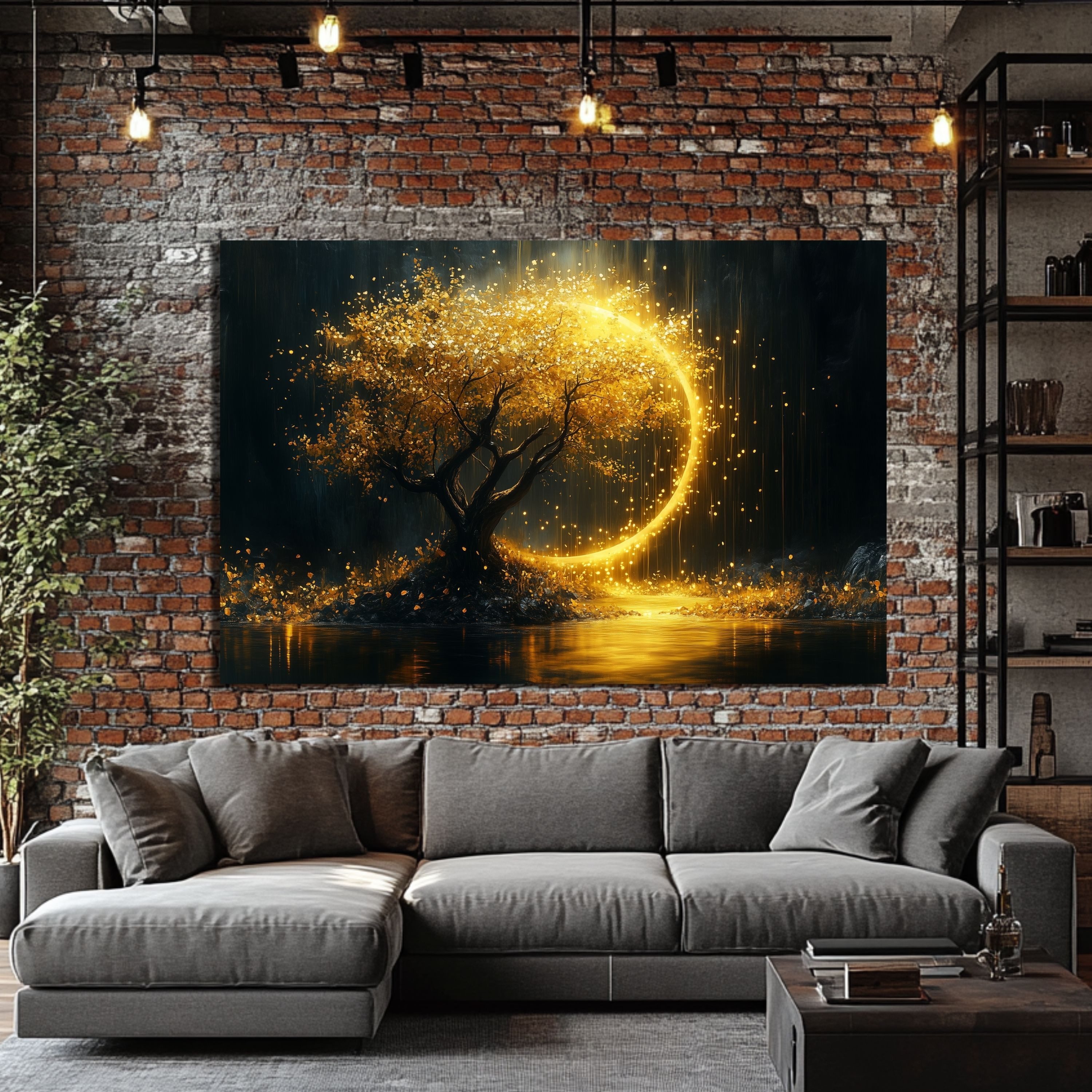 DARO Design Leinwandbild Modern Abstrakt Wandbilder XXL Wandbild Wand Deko Leinwand Bilder, (Bäume mit goldenem Mond - Bild groß Wohnzimmer Schlafzimmer Küche E – Bild 5 von 5