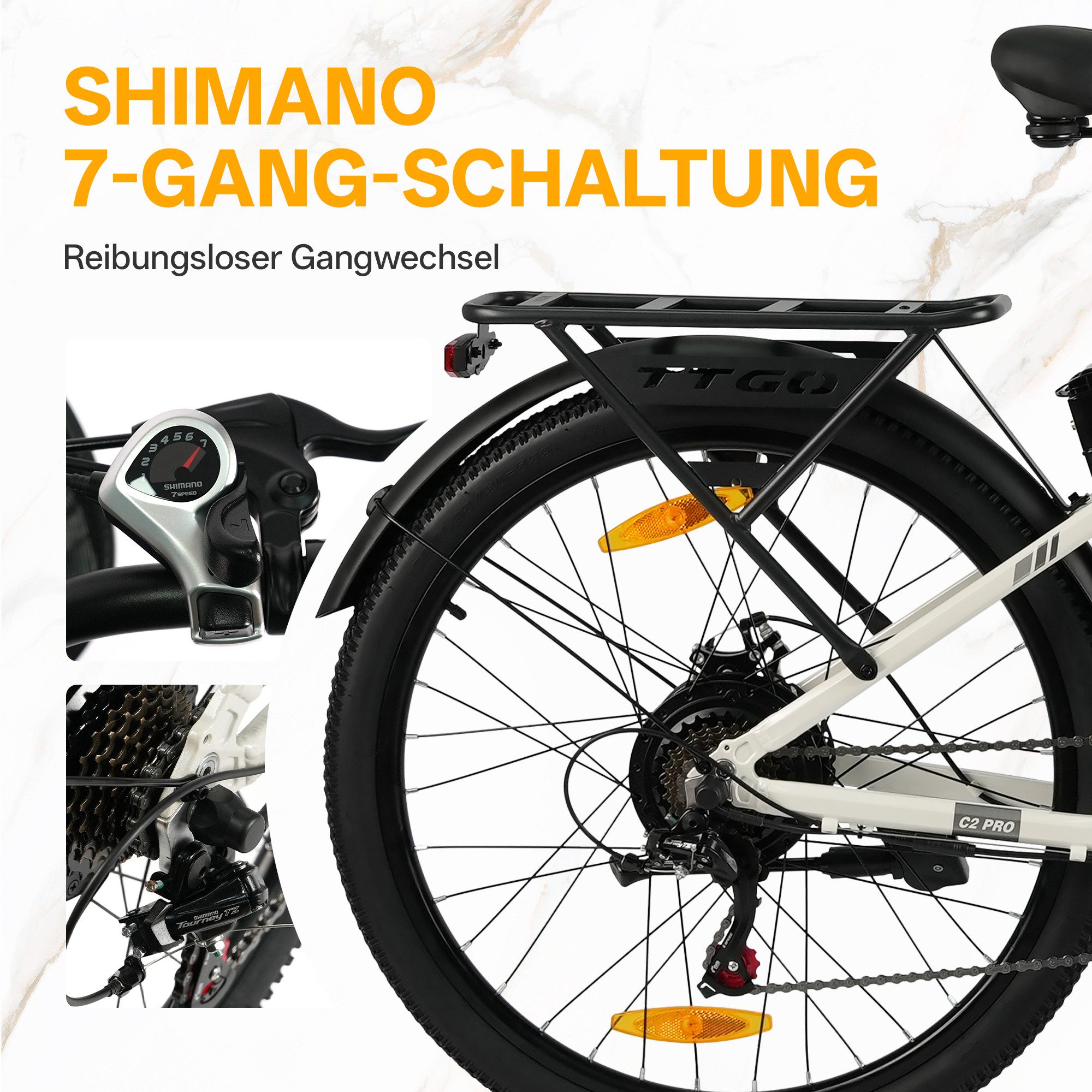 TTGO E-Bike Cityrad 26/28 Zoll, 80-120km, C2/C3, Elektrofahrrad für Damen und Herren, 7 Gang SHIMANO, Kettenschaltung, Heckmotor, 648 Wh, (5 Stufen, Pedelec, bi – Bild 5 von 5