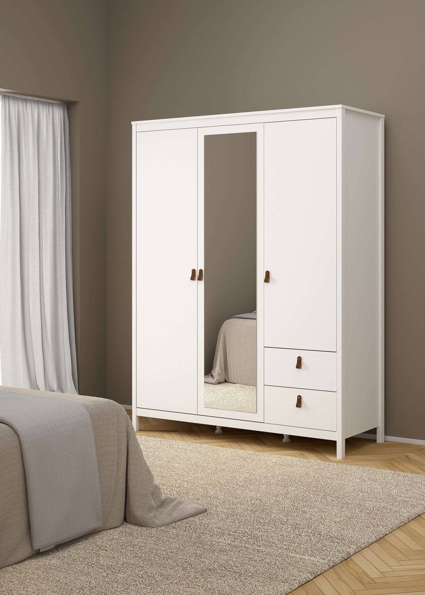 Home affaire Drehtürenschrank Madrid, Schrank, Kleiderschrank Skandinavisches Design, Wahlweise Leder- oder Metallgriffe, Spiegel