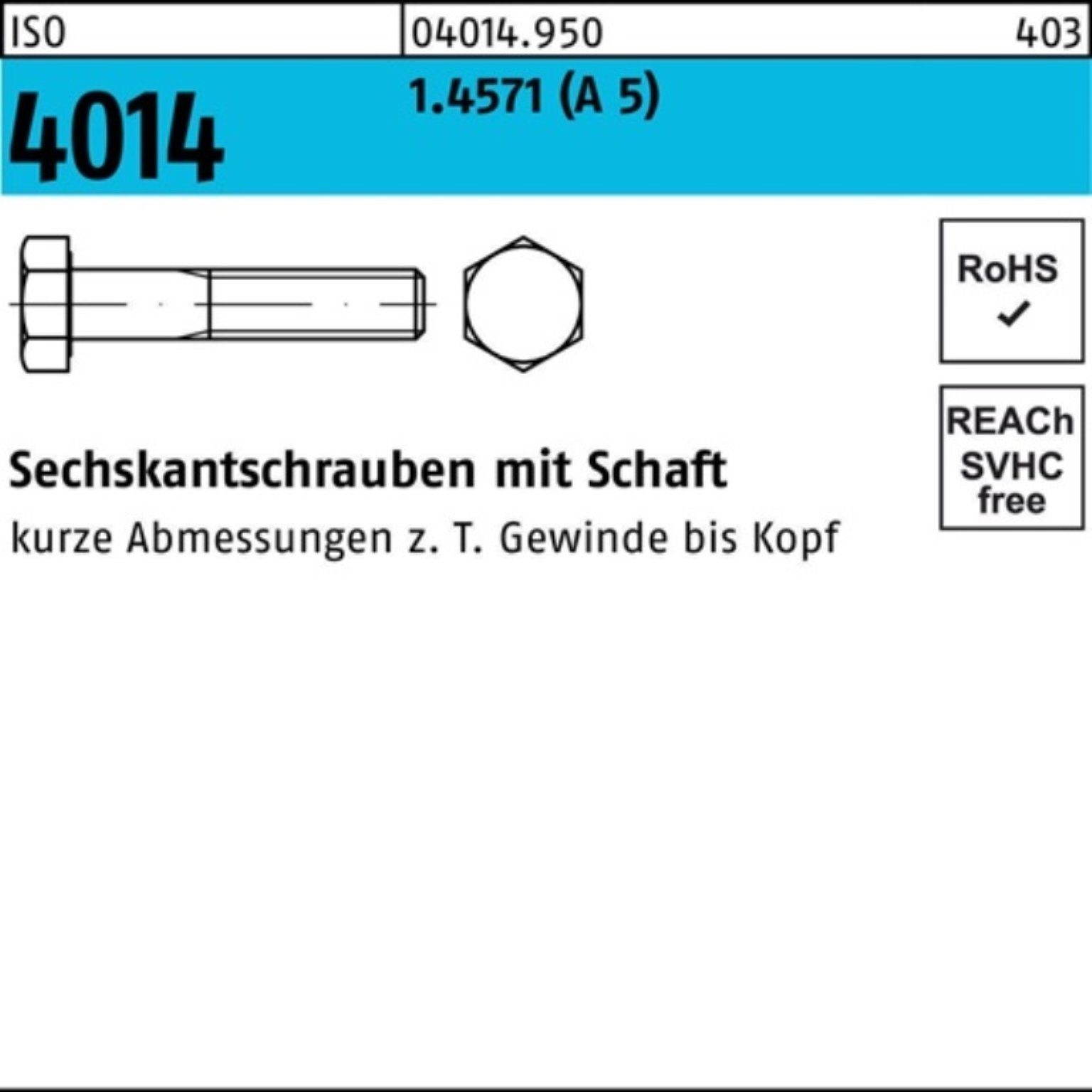 1 Schaft Reyher ISO 100er 5 130 4014 Stück Sechskantschraube M20x A ISO Sechskantschraube Pack