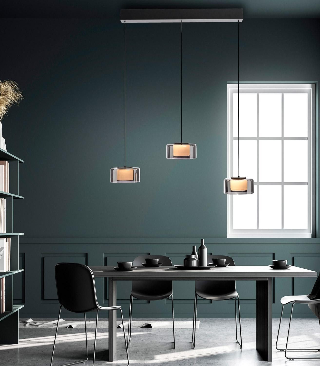 Paul Neuhaus LED Pendelleuchte RIKA, 3-flammig, Rauchfarben, Schwarz, Metall, Dimmfunktion, Memoryfunktion, LED fest integriert, Extra-Warmweiß, Lampenschirme aus Glas, Höhenverstellbar, B 71 x H 180 x T 15 cm