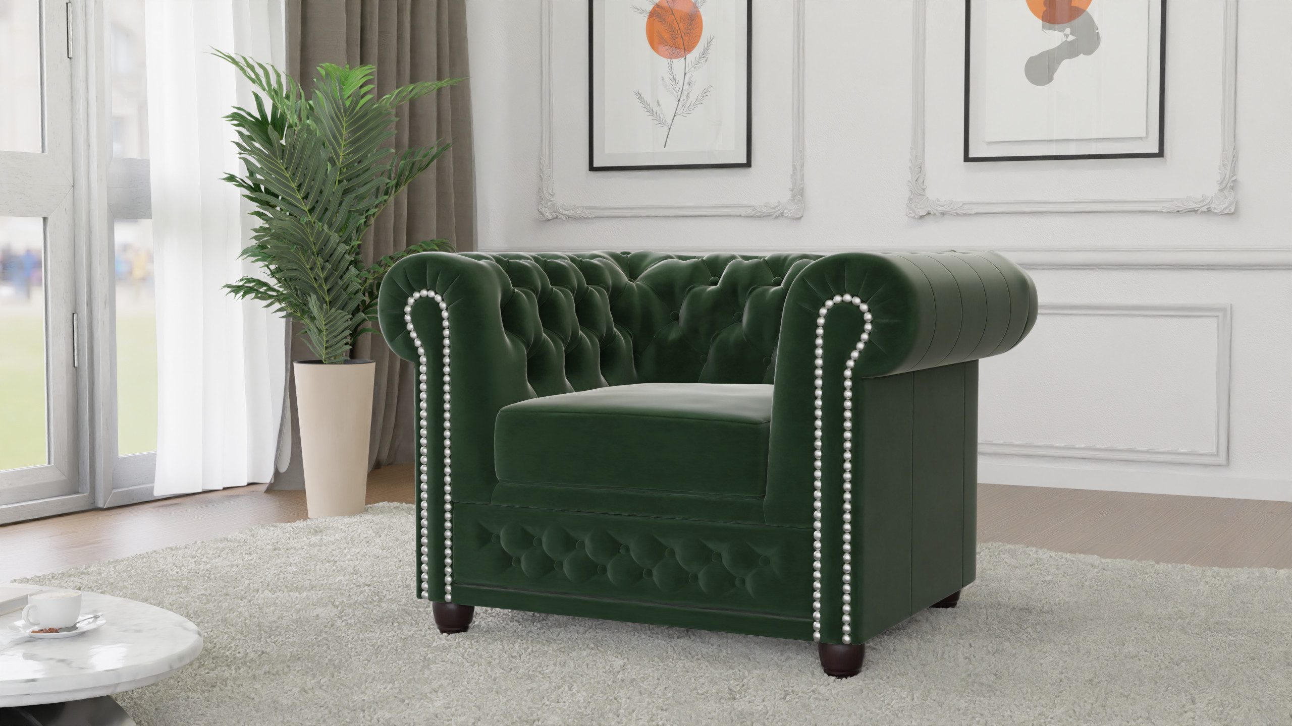 S-Style Möbel Chesterfield-Sessel Lena aus Samt-Stoff mit Holzfüßen (Chesterfield Sessel), mit Wellenfederung