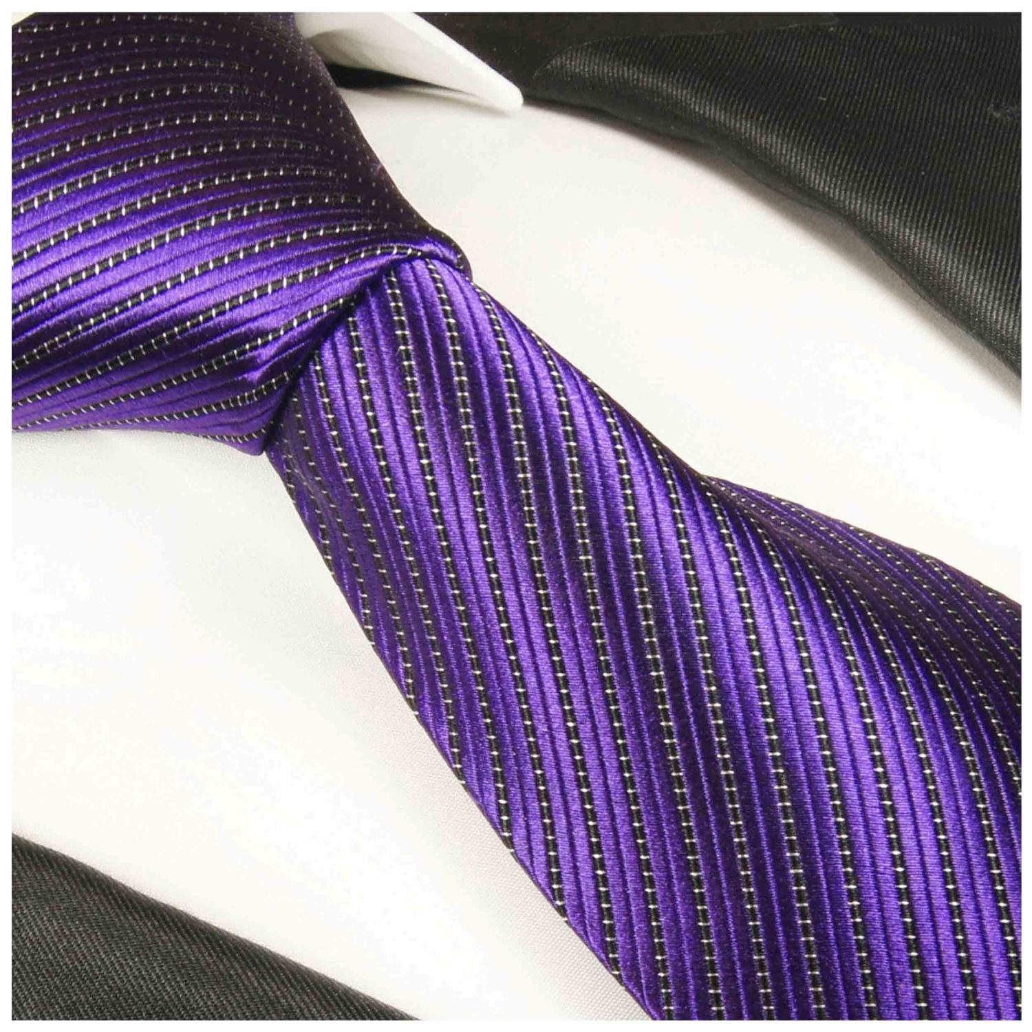 2-St., (Set, Tuch Krawatte Seide gestreift Paul mit Herren 100% Seidenkrawatte Einstecktuch) (6cm), Krawatte lila 2013 Malone Schmal mit Moderne violett