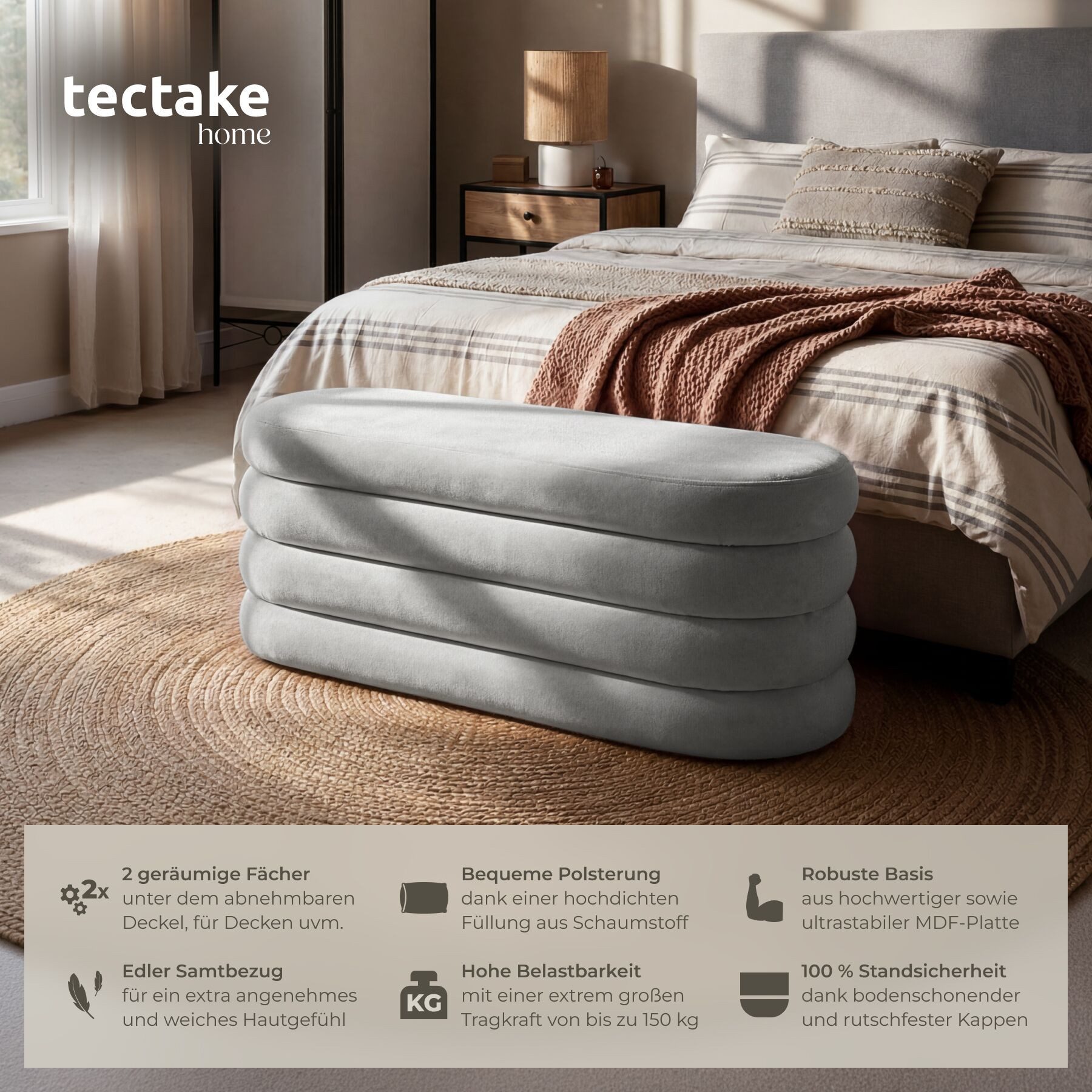 tectake Bank Polsterbank Altu mit großem Stauraum, 110 x 45 x 42 cm (Sitzbank, 1-St. Samtoptik Grau), bodenschonende Kunststoffkappen, Belastbarkeit 150 kg