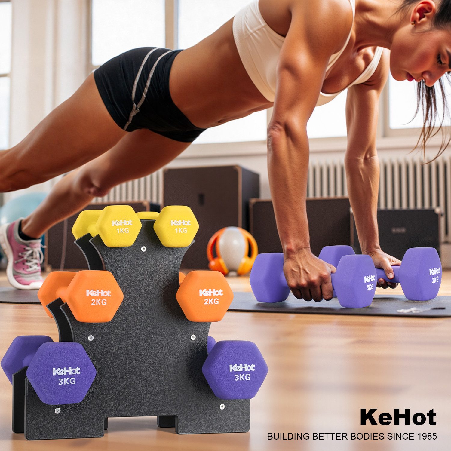 WILGOON Laufband Laufband und Hantelset 6-teilig, Walking Pad mit 2,5 PS & 12 Programme (Elektrisches Laufband mit Bluetooth, Fernbedienung & LED-Display, 2-tlg., Kurzhantel Set mit 1/2/3 kg Gewichten & Ständer – Rutschfest & Robust), Perfekt für Heimtraining, Büro,Fitnessstudio - Leise, Kompakt & Stabil