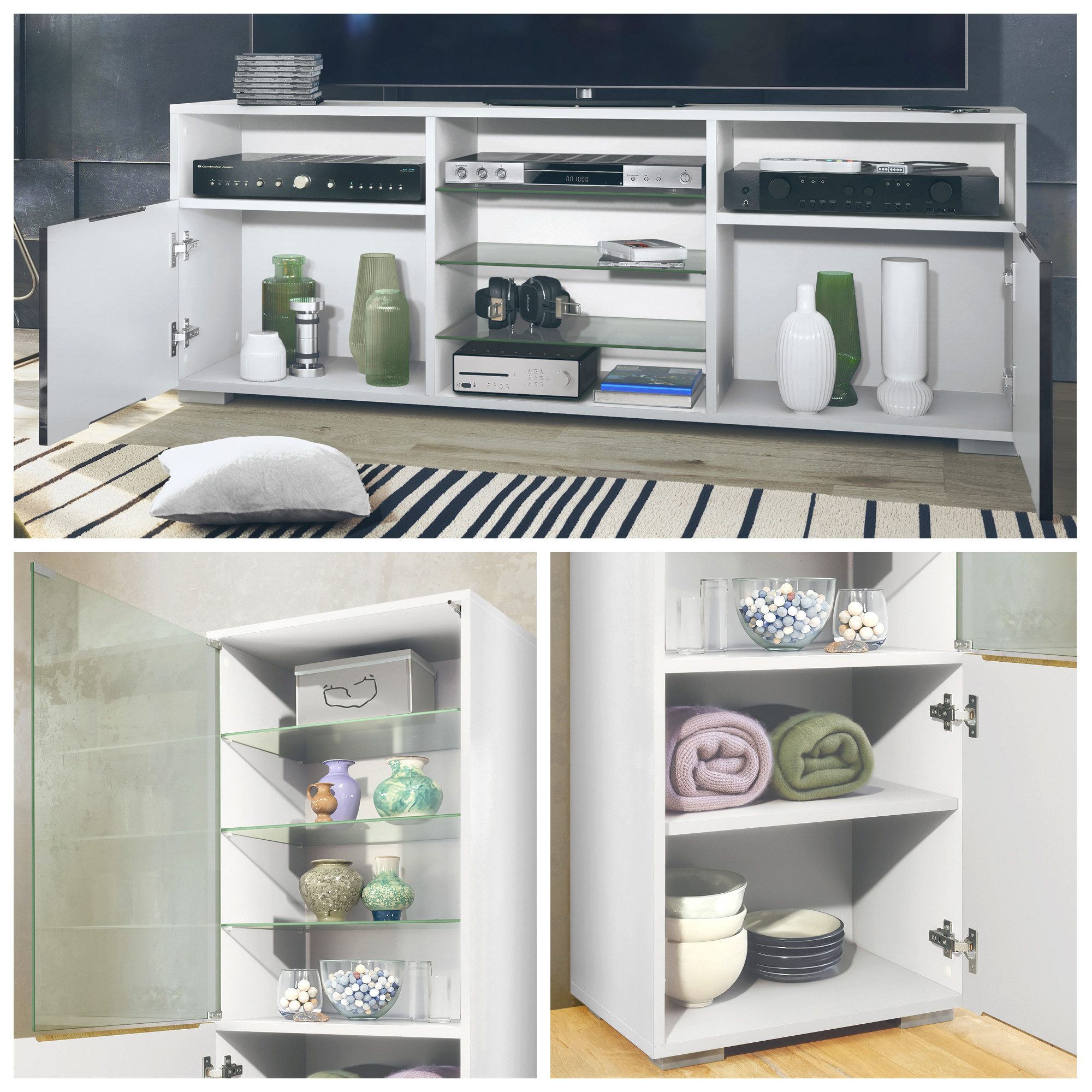 Vladon Wohnwand Granada, (Anbauwand, bestehend aus 2 Vitrinen, 1 TV-Board und LED-Beleuchtung), Weiß matt/Denim matt (286 x 122,5 x 35 cm)