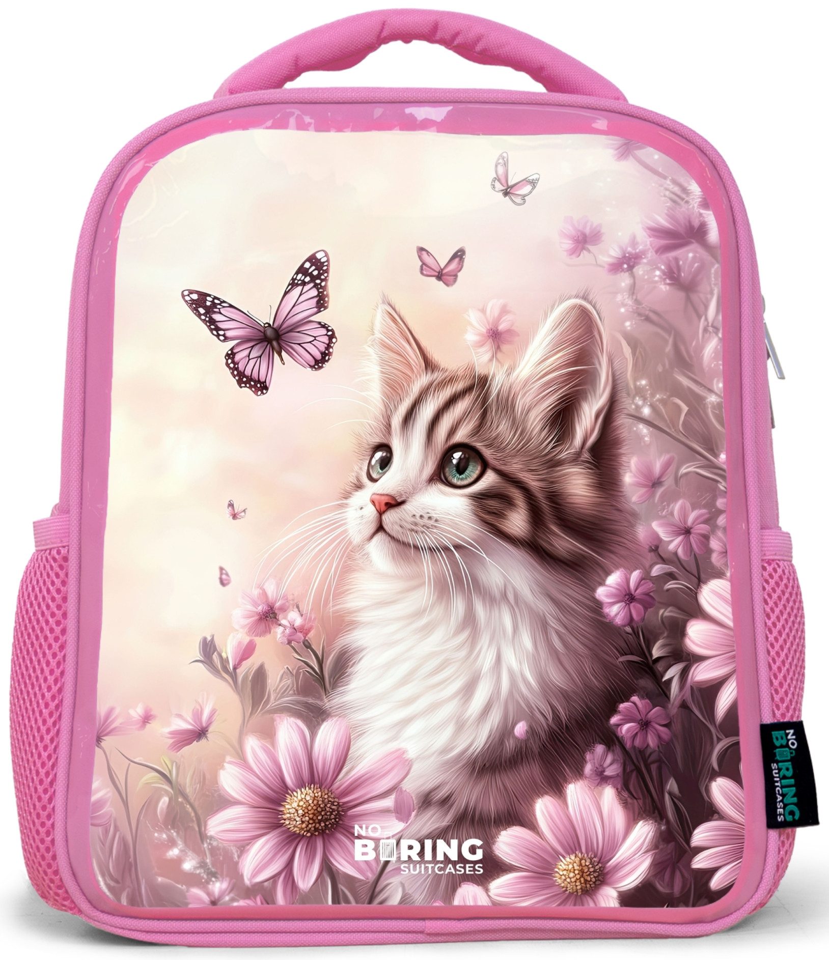 NoBoringSuitcases.com© Rucksack Rosa - Katze - Lila - Schmetterlinge - Blumen, Kinderrucksack, Schulrucksack, Freizeitrucksack, Mädchen, Kindergarten