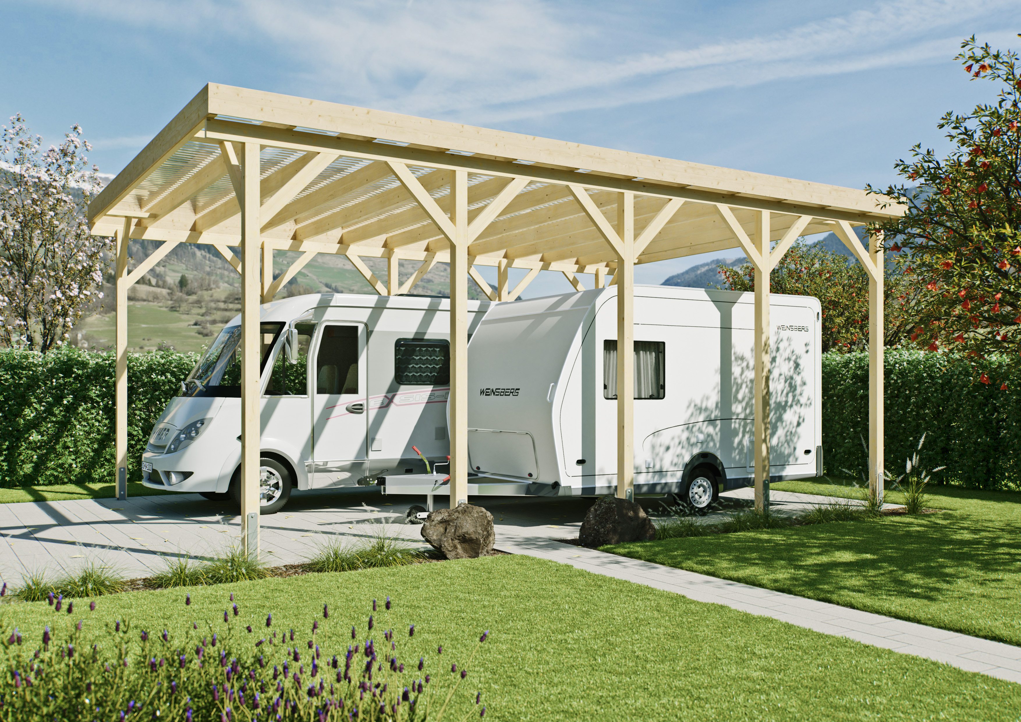 KONIFERA Doppelcarport Pluto III, BxT: 600x850 cm, 352 cm Einfahrtshöhe, für Wohnmobile, Leimholz naturbelassen, PET-Flachdach lichtdurchlässig