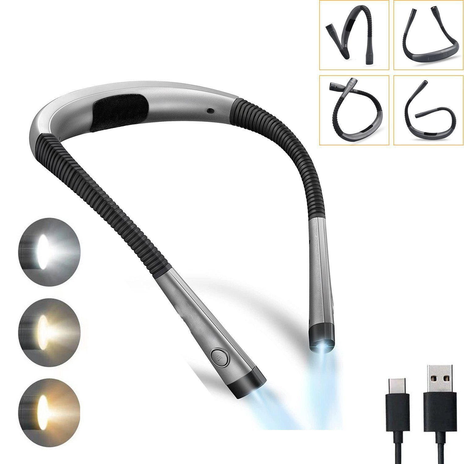KINSI Klemmleuchten Hals Leselampe, LED Buchlicht USB, 3 Farben 3 Helligkeit, schwarz/grau, LED fest integriert, Lichtfarbe: kaltweiß, warmweiß, gelb