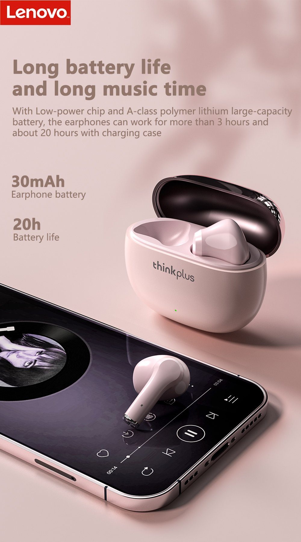 Headset Rosa) Bluetooth-Kopfhörer 250 mit Wireless, Google Stereo mAh Lenovo Pro - Bluetooth Touch-Steuerung kabellos, Siri, mit (True 5.1, X15 Assistant, Kopfhörer-Ladehülle