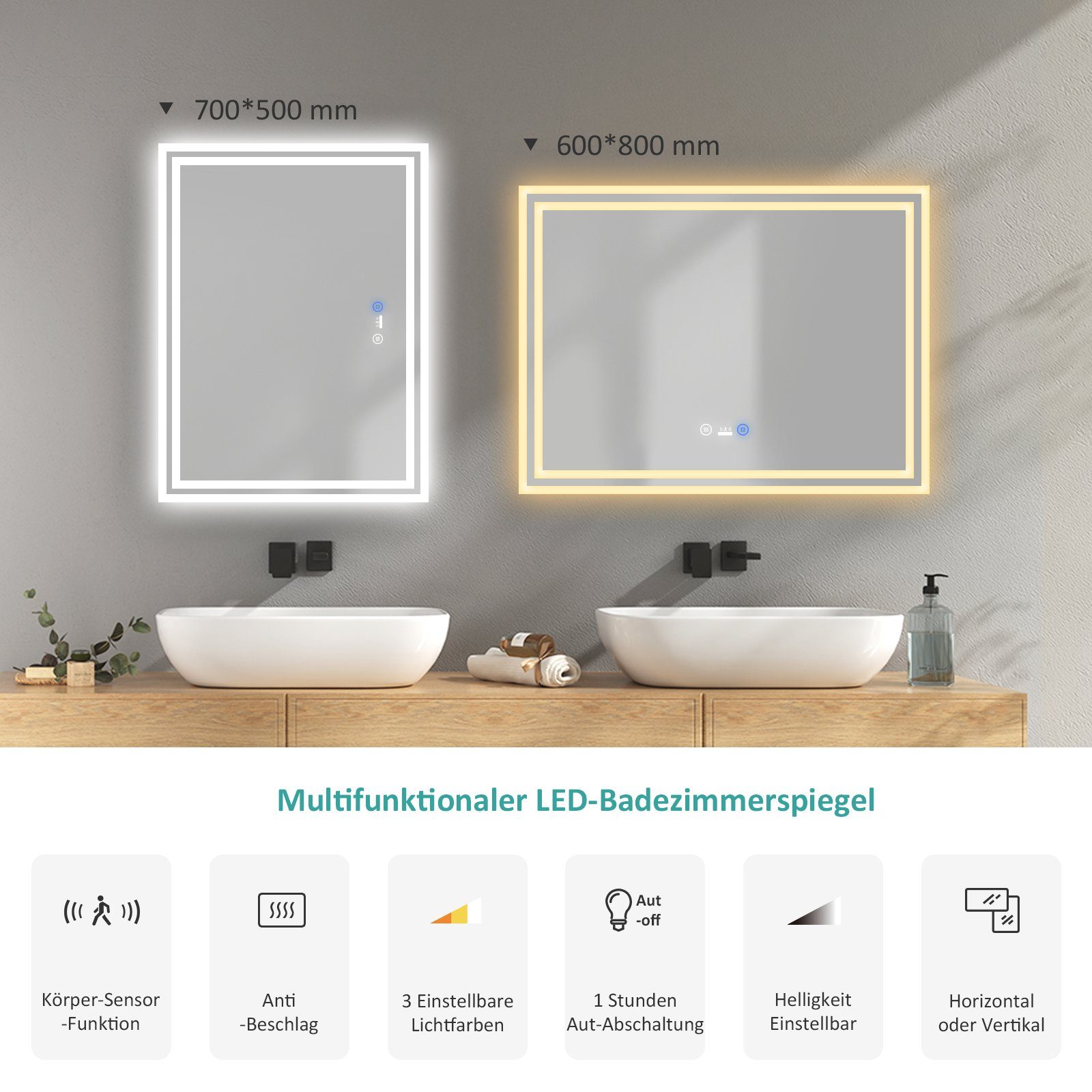 Farben Touch-Schalter EMKE Dimmbarem LED Beleuchtung Wandspiegel, Bewegungssensor Badspiegel des Beschlagfreiheit, Badspiegel Lichts 3 und mit mit