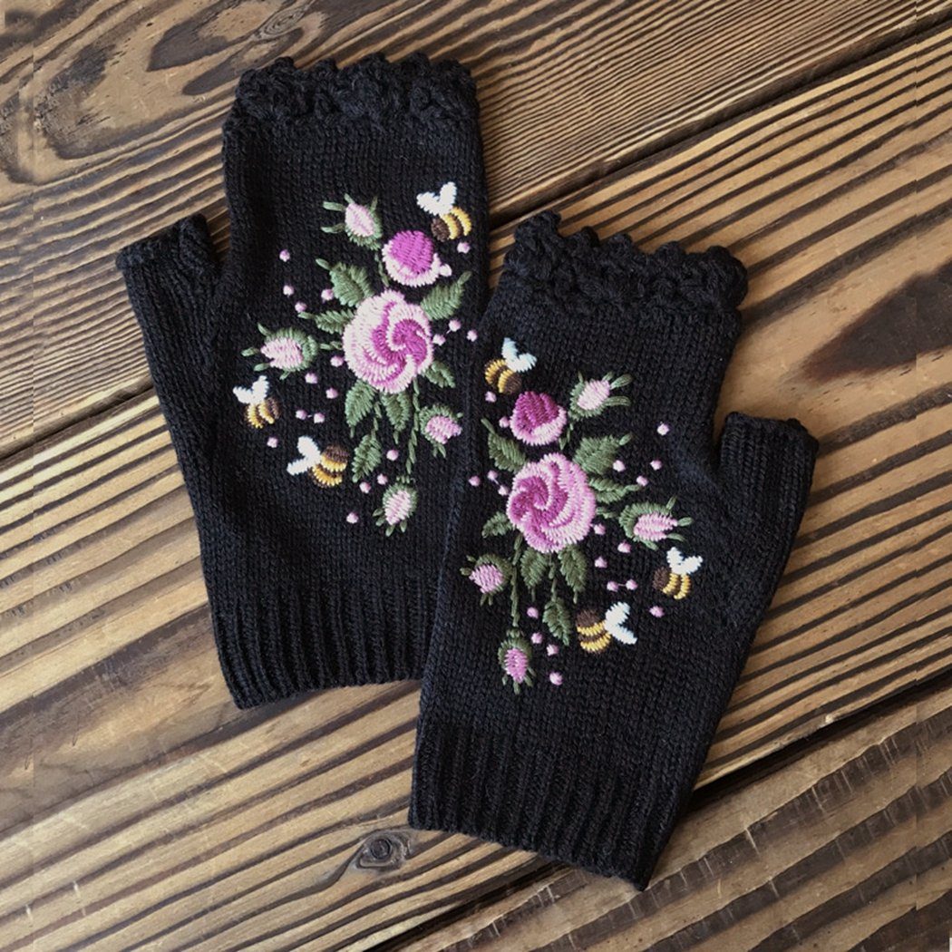TUABUR bestickte Strickhandschuhe Strickhandschuhe mit brown Handschuhe, Blumen Handgefertigte,