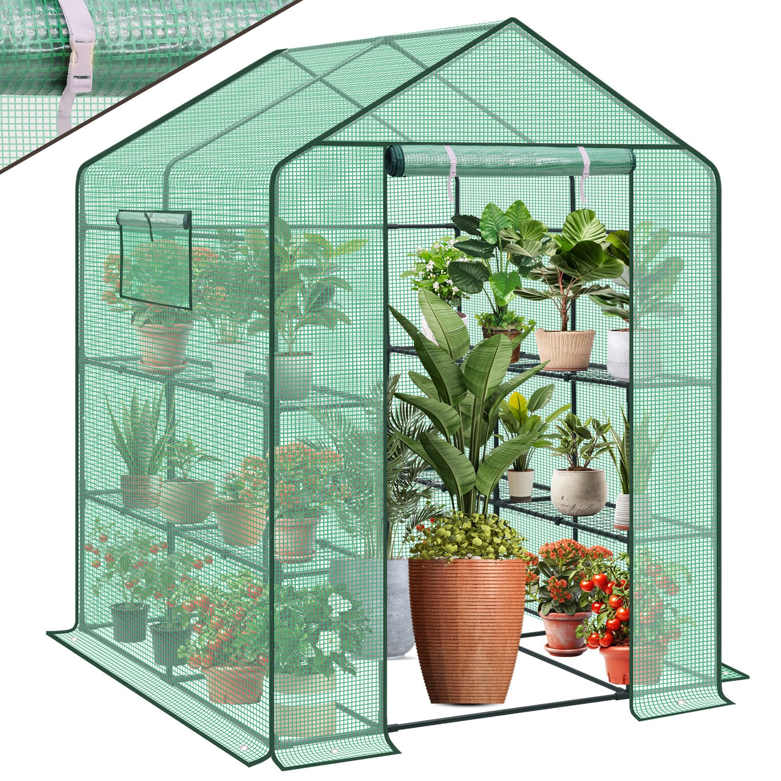 Sekey Gewächshaus Begehbares Foliengewächshaus mit 8 Regalebenen, Treibhaus für Garten, 145 x 145 x 200 cm Tomatenhaus Winterfest Gewächshaus mit Tür, Fenster