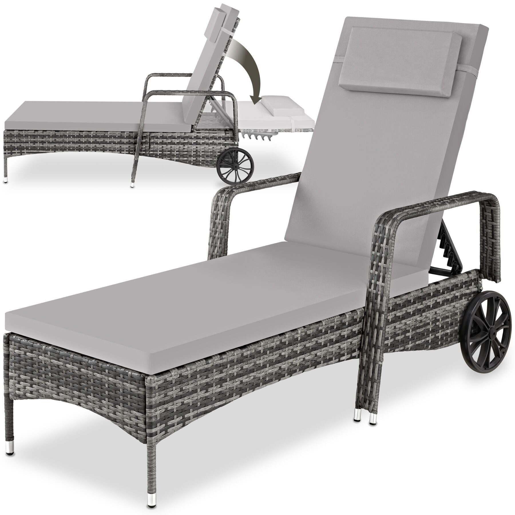 tectake Gartenliege Rattan Sonnenliege, abnehmbares Kopfkissen, 200 x 70 x 33 cm, Balkonliege, 1 St., für Außen in Grau/Hellgrau, widerstandsfähig, UV-beständig, verstellbar Rückenlehne, mit Rädern