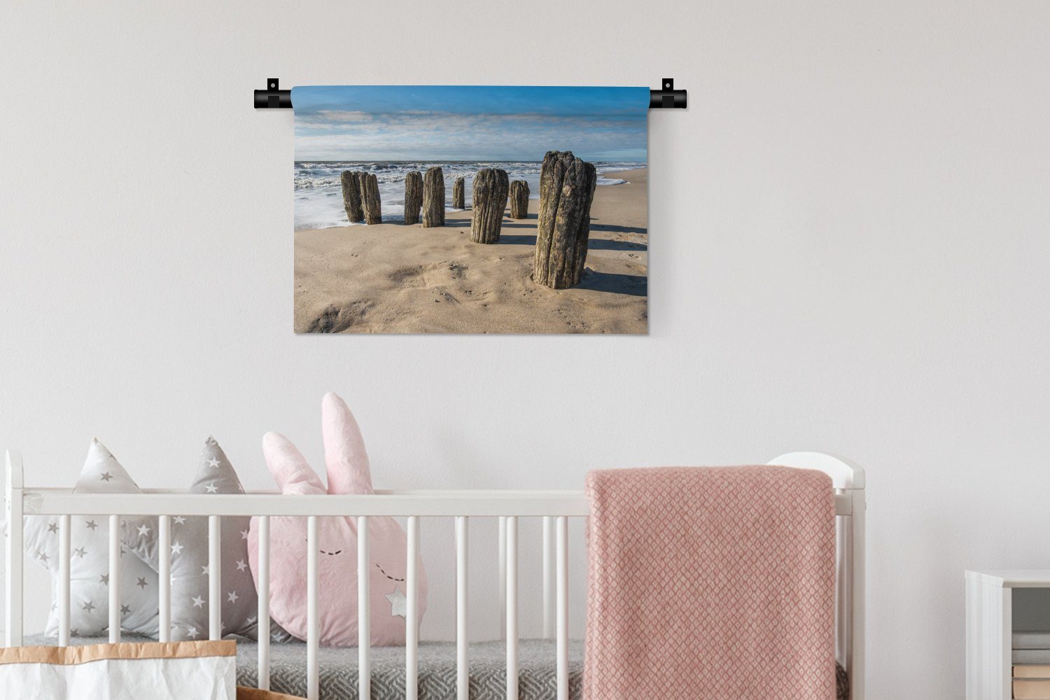 Sand Wanddekoobjekt Strand Schlafzimmer, Kinderzimmer Wanddeko Sommer, Pfahl - - Wasser MuchoWow - Wandbehang, - Wohnzimmer, Kleid, für