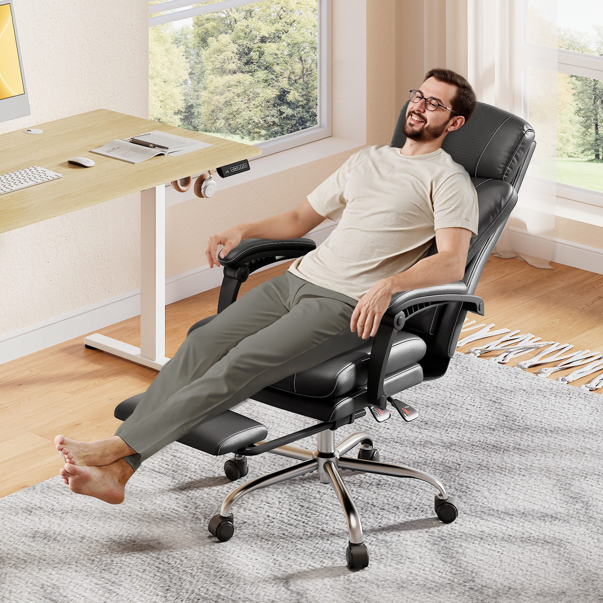 DEVAISE Bürostuhl mit Fußstütze, ergonomischer Chefsessel 90–145° Liegefunk günstig online kaufen