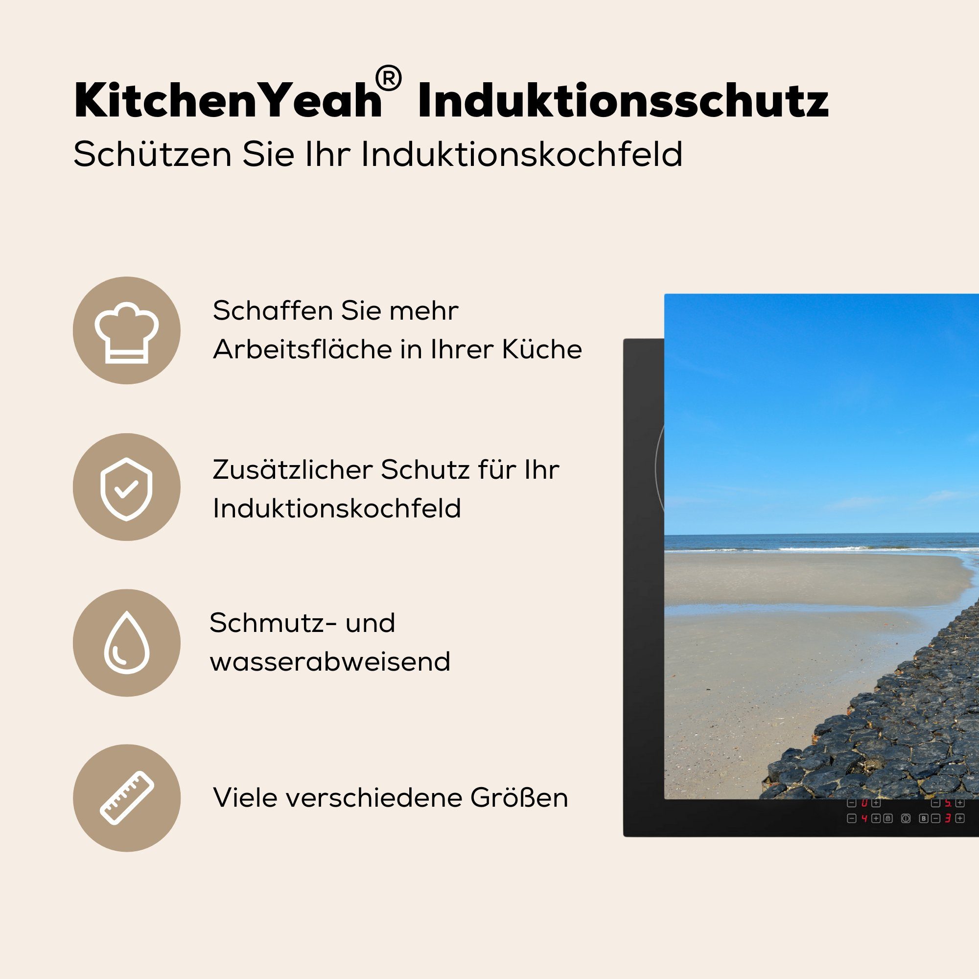 MuchoWow Herdblende-/Abdeckplatte Strand die (1 küche, Ceranfeldabdeckung - 81x52 cm, Schutz Induktionskochfeld für Vinyl, Wasser, tlg), - Nordsee