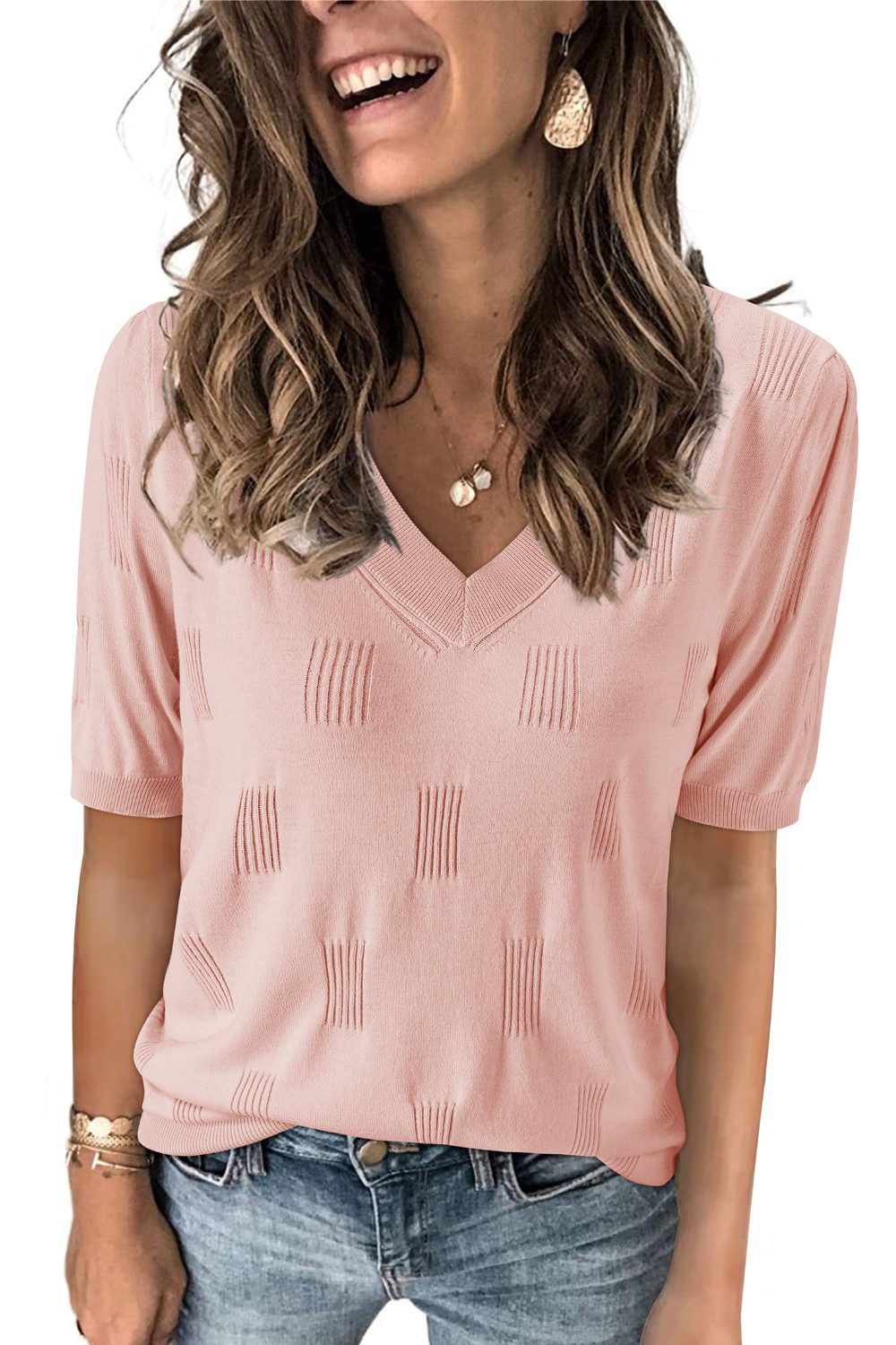 Arach&Cloz Kurzarmpullover Damen Kurzarmpullover V-Ausschnitt-Pullover Sommer Frühling Bluse Strickpullover Basic Oberteile Strick Tops