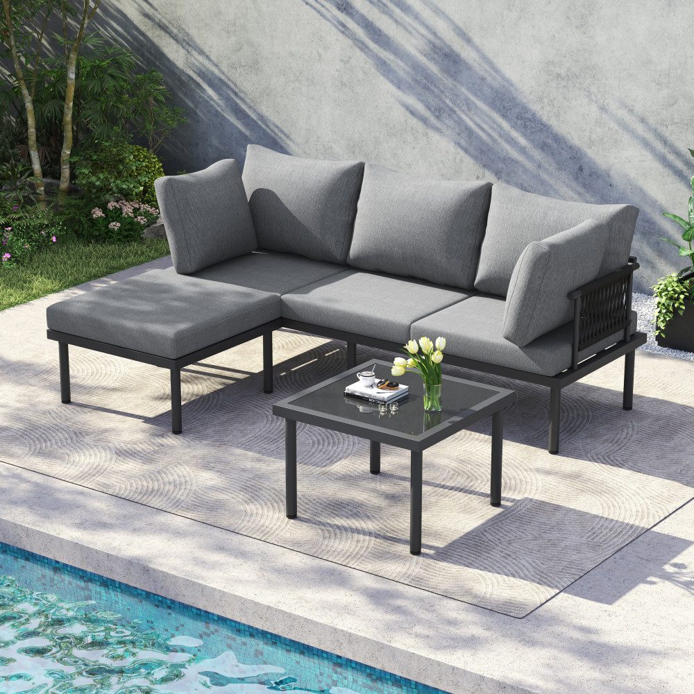 BBWL Gartenlounge-Set mit Tisch Glasplatte, verzinkter Stahlrahmen, Olefin wetterfest, Gartenmöbel Set Eckgarnitur Lounge Sofa, grau
