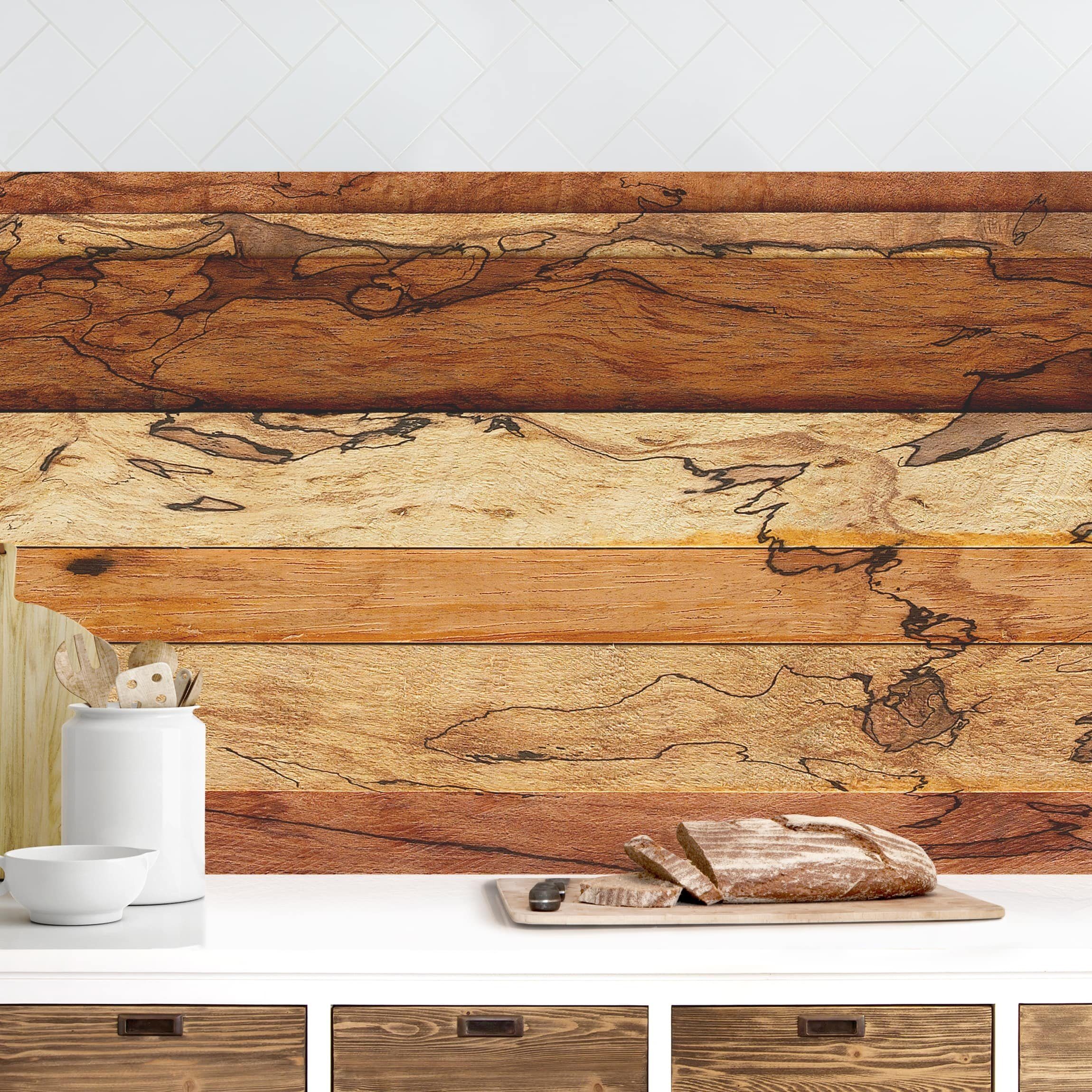 Bilderdepot24 Küchenrückwand braun dekor Holzoptik Shabby Muster Landhaus Woody Flamed, (1-tlg., Nischenrückwand - für Fliesenspiegel ohne Bohren - matt), Spritzschutz Rückwand Küche Herd - Folie selbstklebend versch. Größen