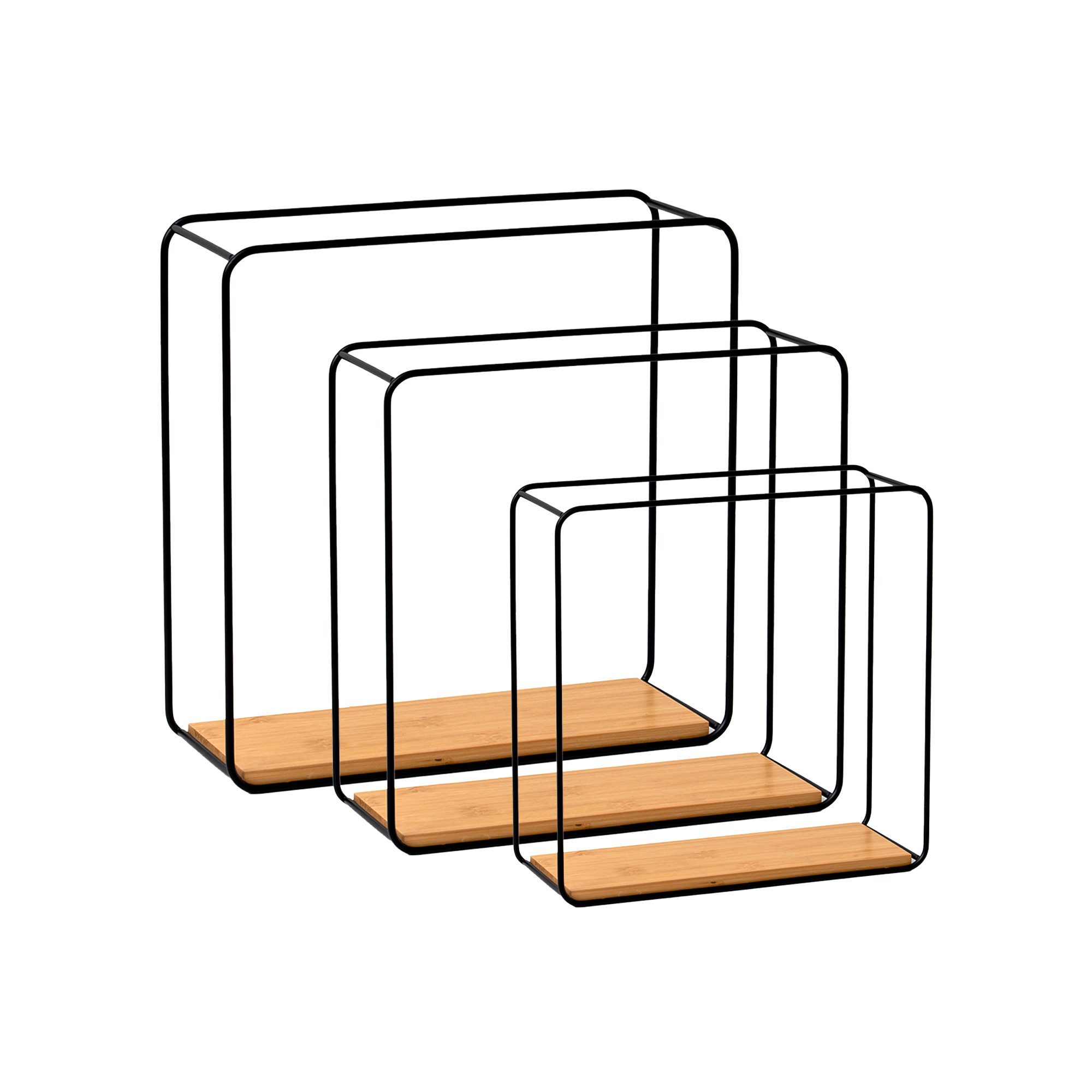 BERLINLODGE® Wandregal Wandregal Metall/Bambus 3er Set Schwarz Hängeregal Wanddeko und Ablage