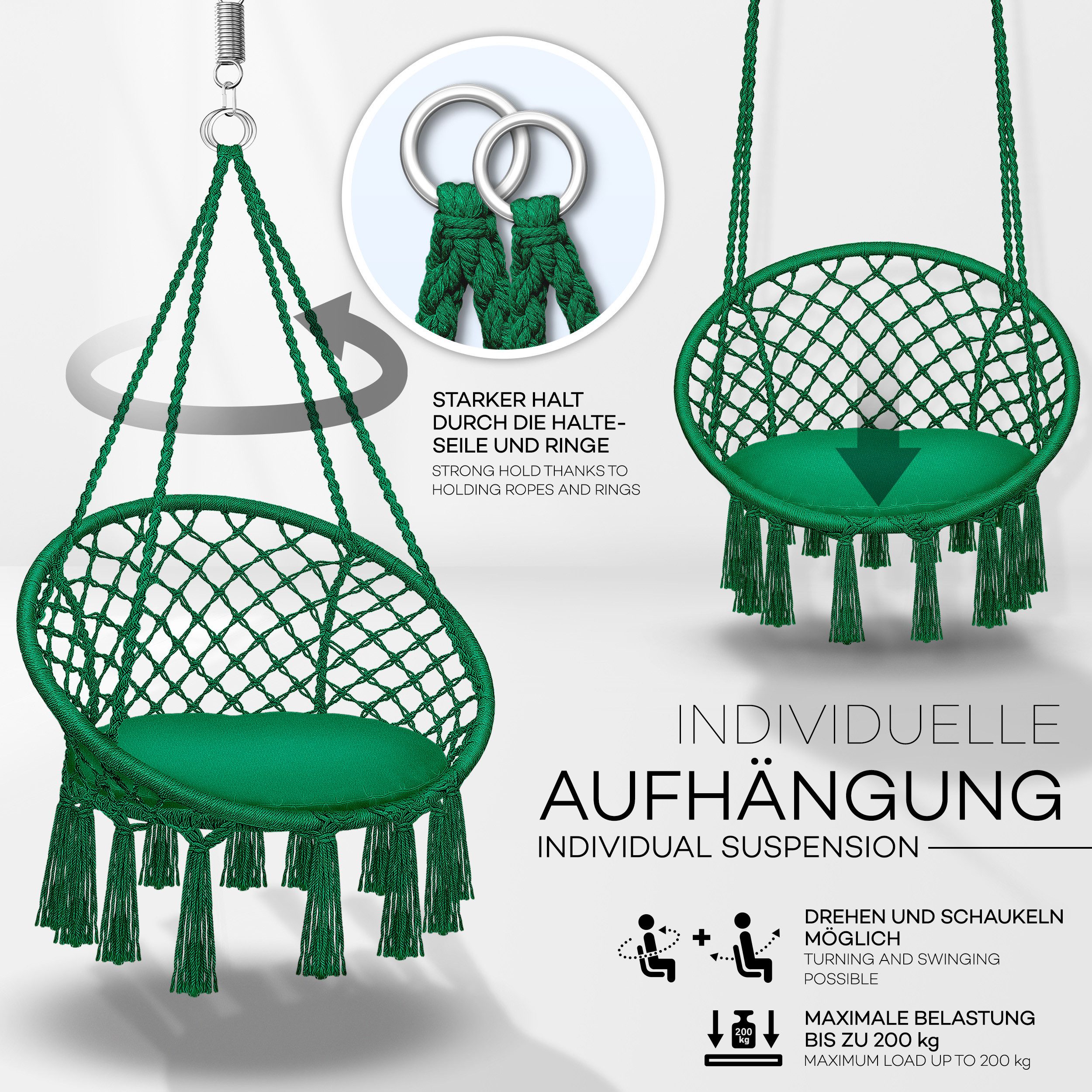 tillvex Hängesessel tillvex® Hängesessel Hängestuhl Hängeschaukel Hängekorb Hängesitz (Set, Hängesessel, Kissen, 4 Seile mit 2 Stahlringen), Kissen – Bild 3 von 5