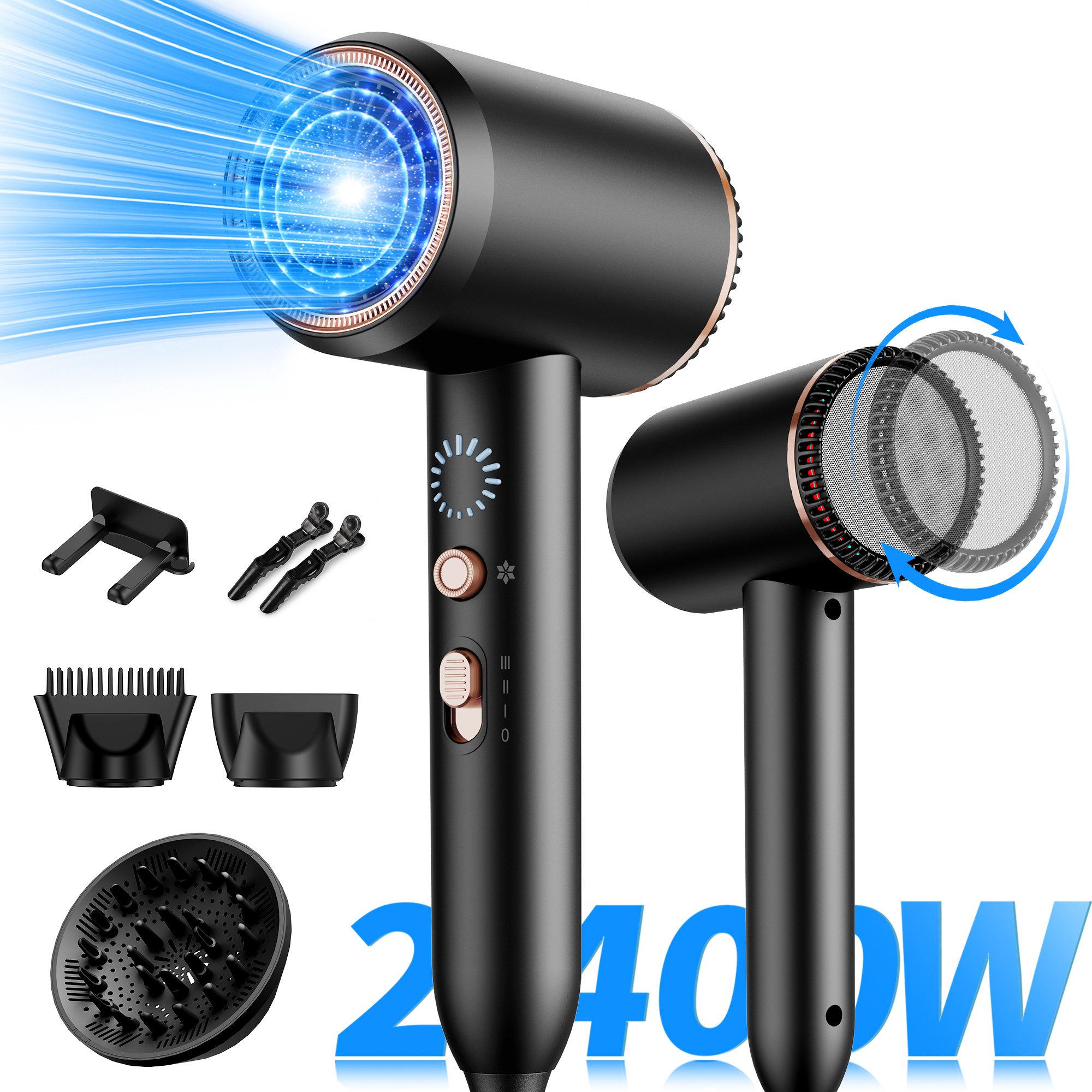 Fyrove Haartrockner Haartrockner 2026 Föhn Ionen 2400W,Anti-Spliss mit Kaltluft Modus, 2400 W, (25m/S, 3 Stylingaufsätze, angereichert mit Keratin und, Mandelöl, Ionenpflege - Anti Frizz, langlebiger AC-Motor)