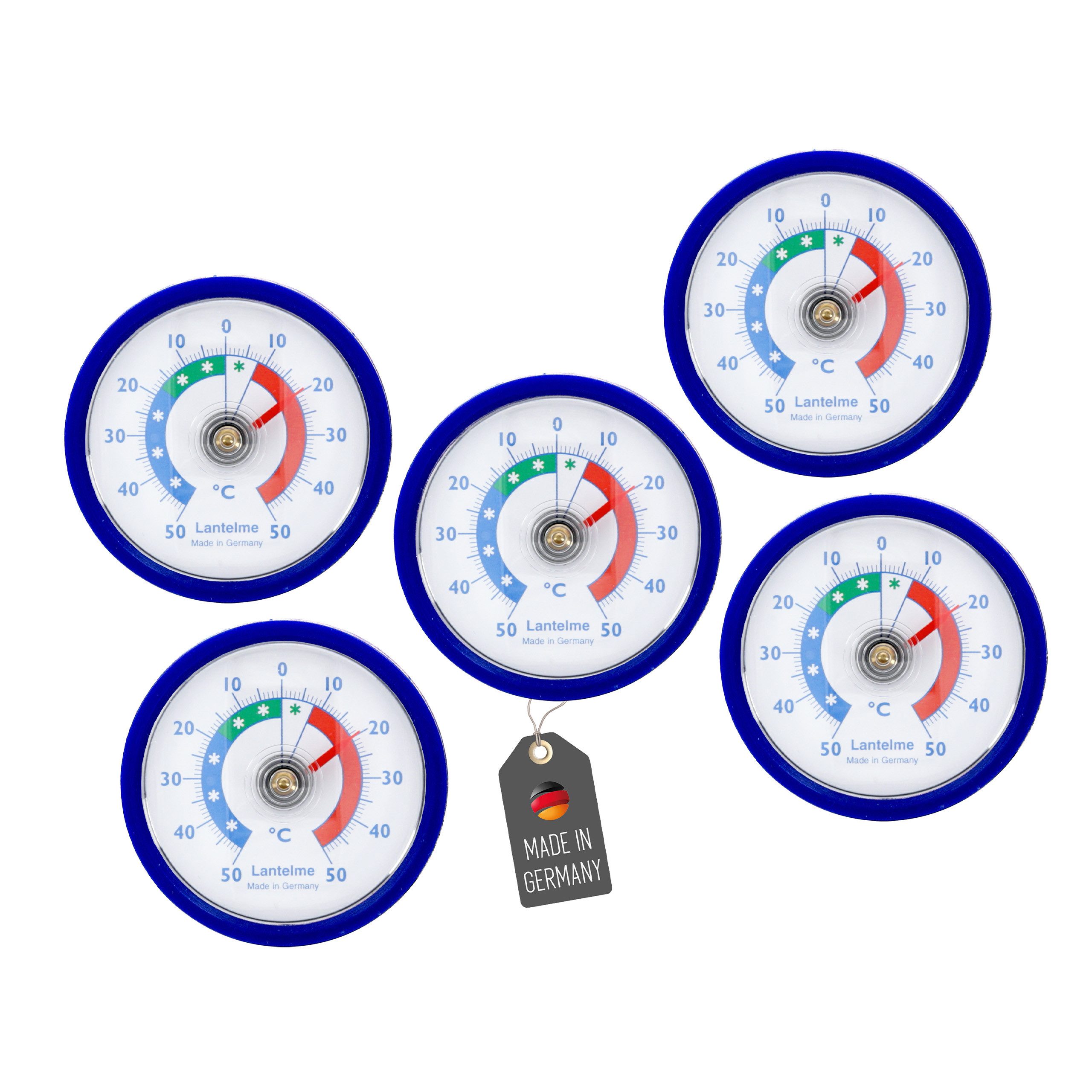 Lantelme Kühlschrankthermometer 5 Stück Set Farbwahl Selbstklebend Gefrierschrank Kühlfach Thermometer, 5-tlg., Klebepad anbei, Deutsche Herstellung, Analog ohne Energiequelle mit Bimetallfeder Temperatur + - 50°C
