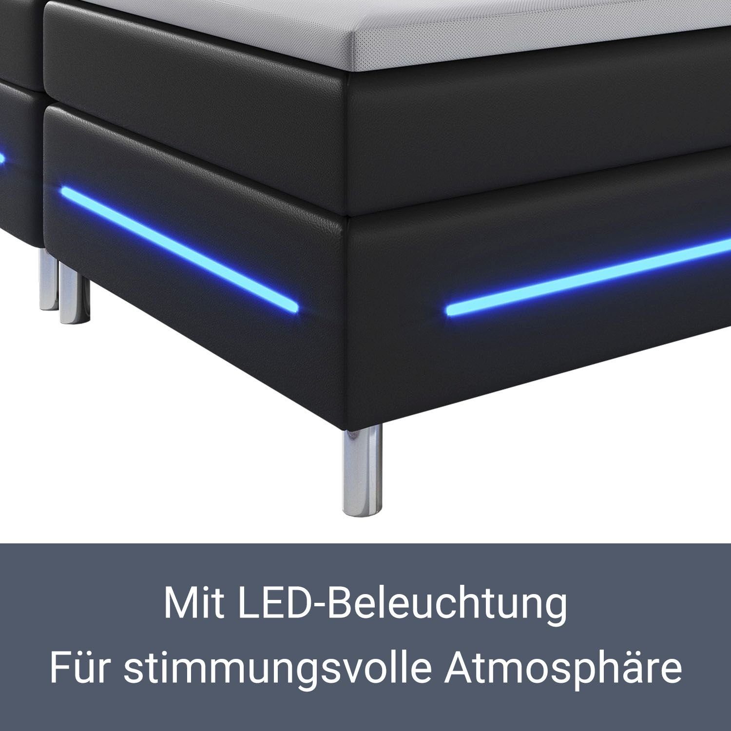 LED-Beleuchtung Topper, 200 mit cm, Boxspringbett x Bett Kopfteil und 140 Norfolk, schwarz Federkernmatratze, Juskys
