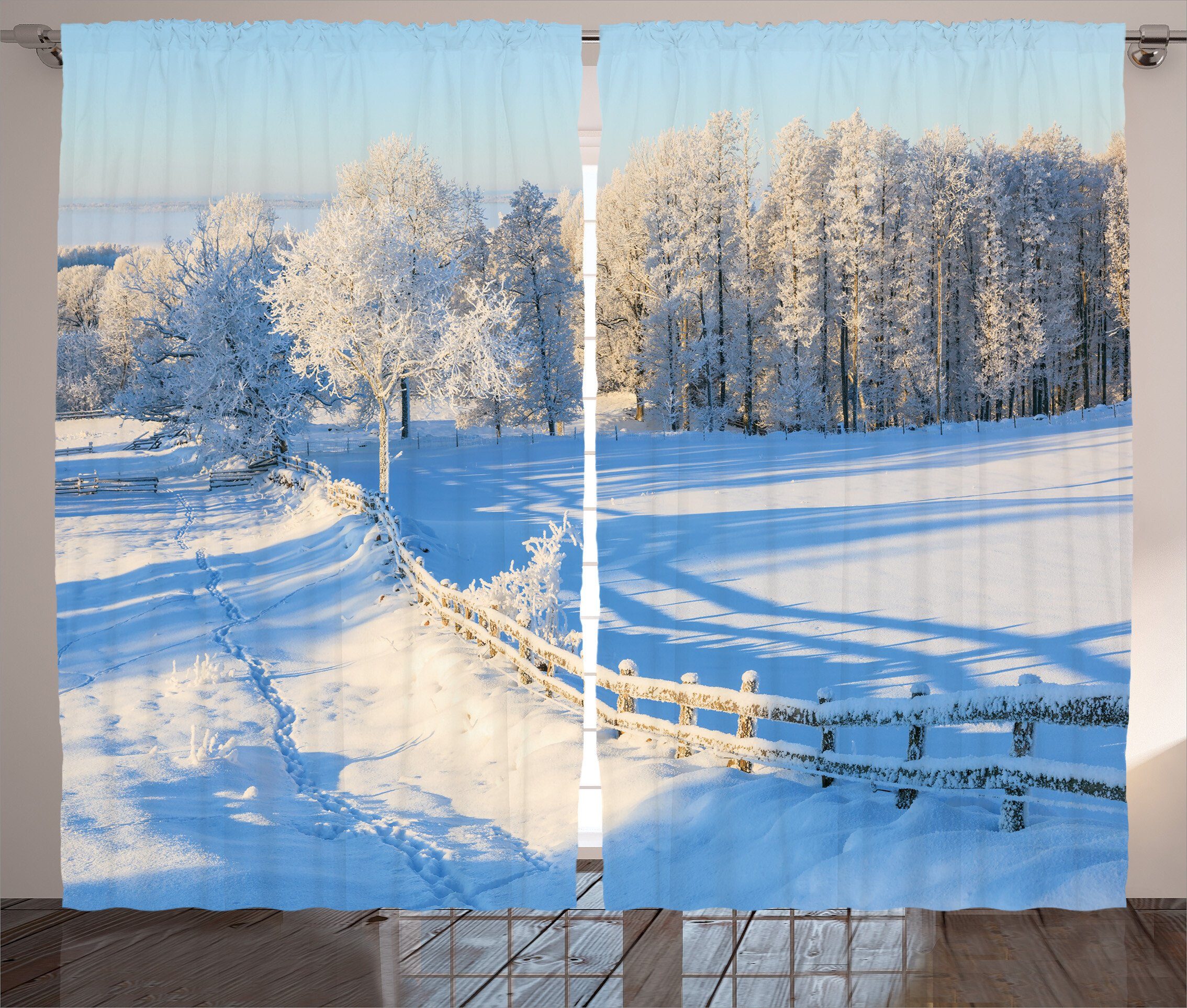 Winter mit Vorhang Pines Schlafzimmer Kräuselband Bauernhaus Abakuhaus, Snowy Haken, Schlaufen Gardine und