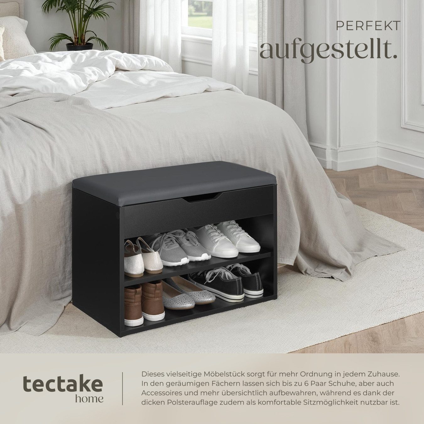 tectake Schuhschrank Schuhbank Jasmina mit Sitzpolster für 6 Paar Schuhe, 60x30x43,5cm (Komplettset, 1-St., 1-St. schwarz) großes Klappfach zur Aufbewahrung – Bild 5 von 5
