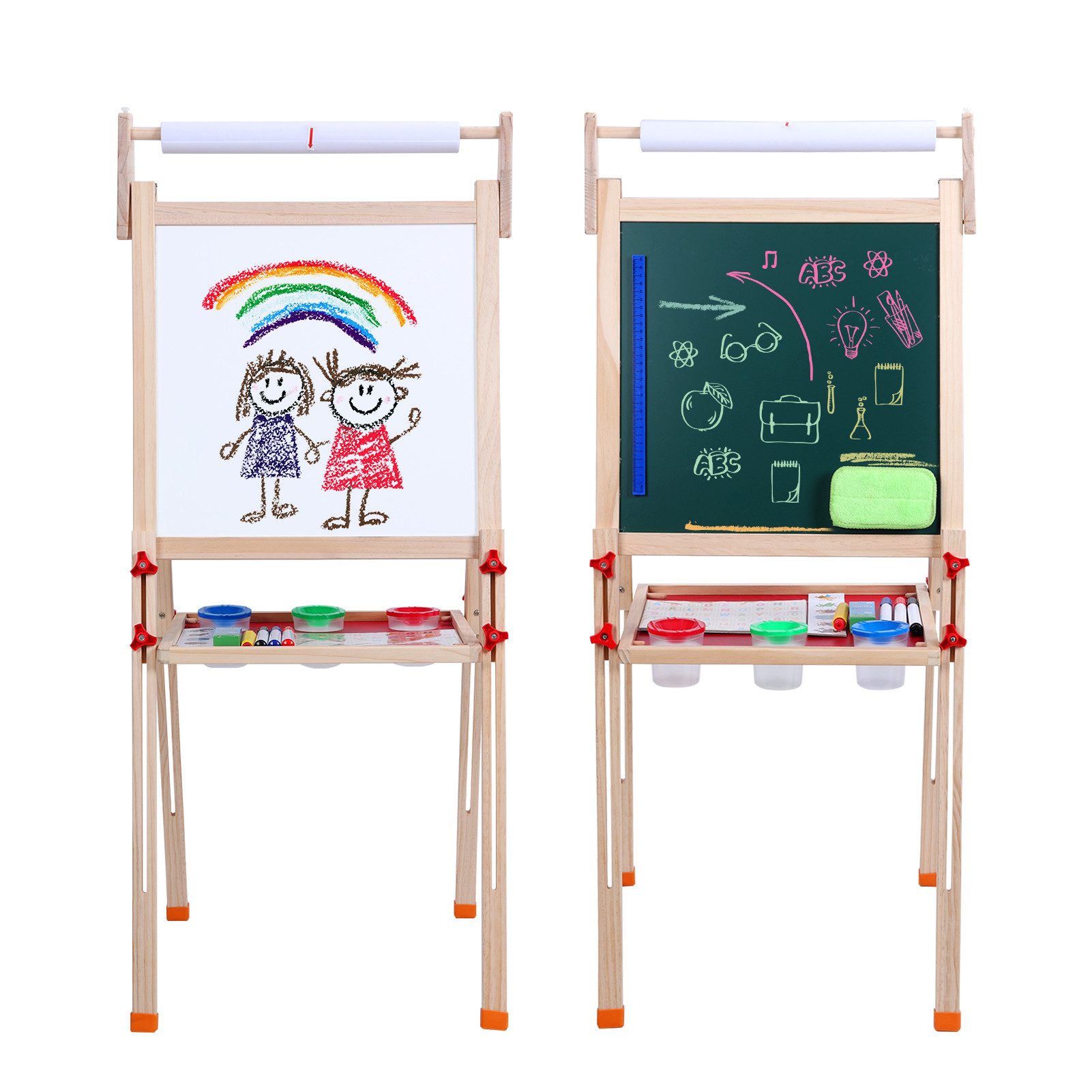 Rutaqian Kinderstaffelei Hölzerne Kinder Staffelei mit Papierrolle,trocken abwischbares Brett, höhenverstellbare 80 cm bis 110 cm magnetische doppelseitige Staffelei