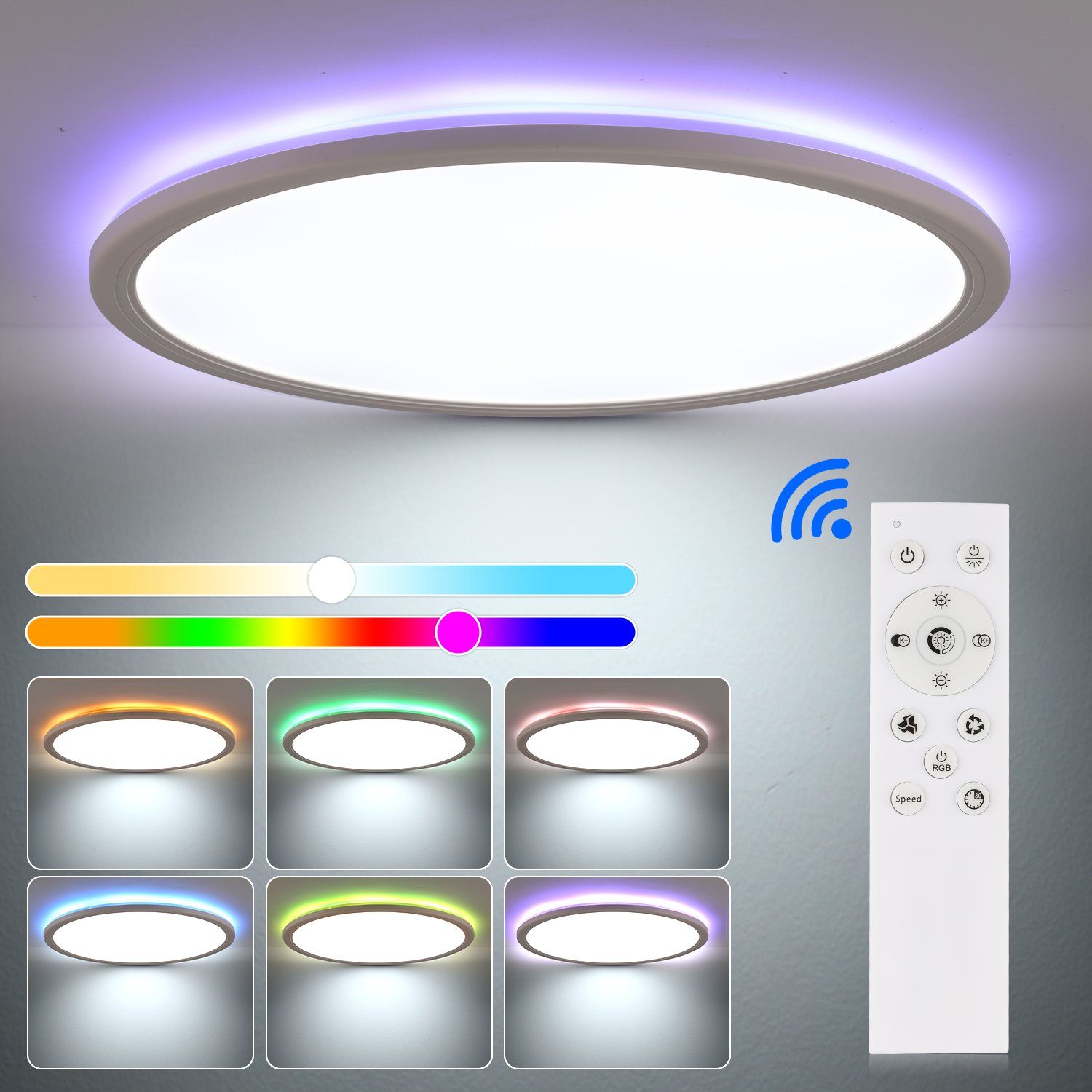 Wohnzimmer Schlafzimmer LETGOSPT Deckenleuchte 3cm, Dünn Kaltweiß+Naturweiß+Warmweiß+RGB, Deckenlampe für integriert, Flach Hintergrundlicht RGB LED Deckenbeleuchtung, LED fest x 30 Küche Dimmbare, Bad LED Ultra 24W Rund