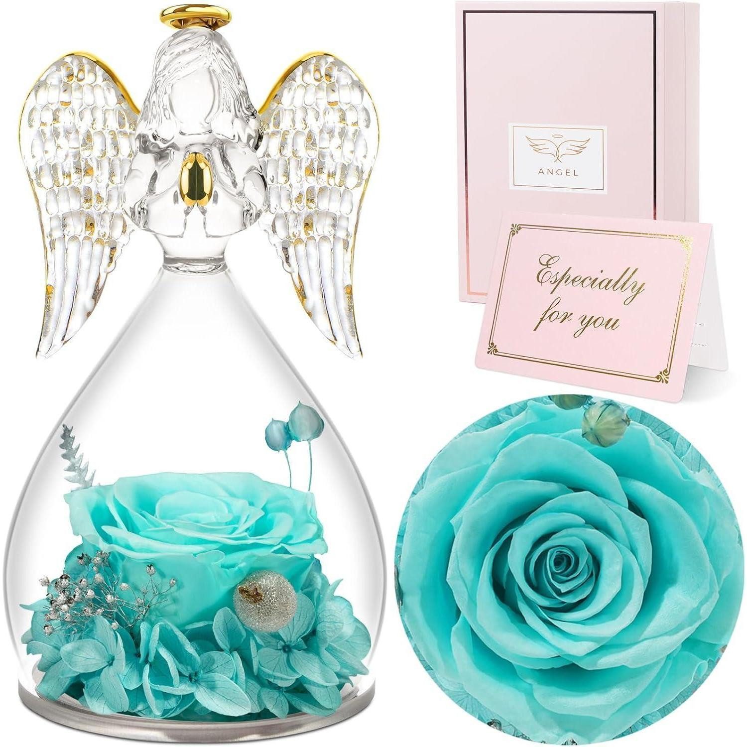 Trockenblume Engelfigur Ewige Rose Schutzengel Geschenk Mama Mutter Oma Hellblau, LuxusKollektion