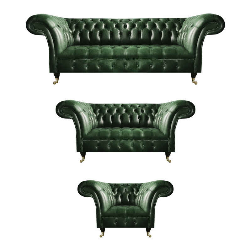 JVmoebel Chesterfield-Sofa Grün Komplett Sofas Couch 3tlg Sofagarnitur Luxus Design Wohnzimmer, 3-Sitzer Sofa/2-Sitzer Sofa/Sessel 3 Teile, Made in Europa