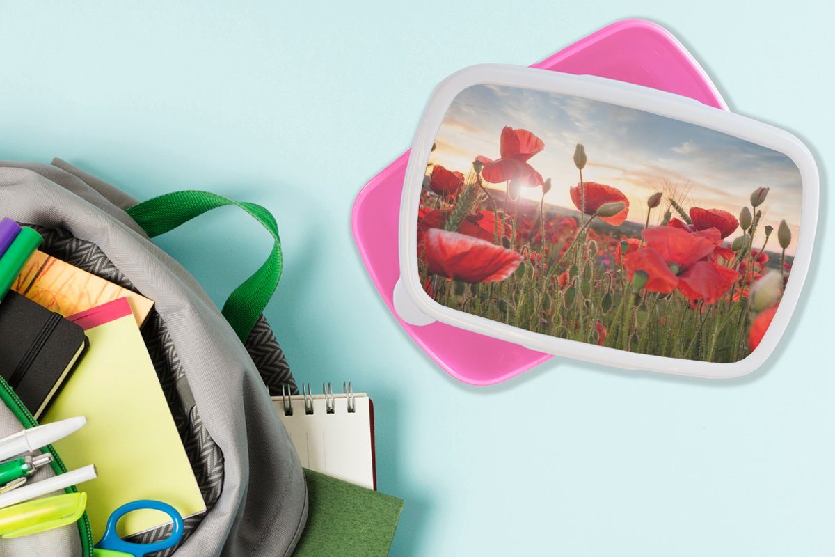 MuchoWow Lunchbox Sonnenuntergang hinter den Brotbox Snackbox, rosa Kunststoff (2-tlg), Mohnblumen, Kunststoff, für Erwachsene, Mädchen, Brotdose schönen Kinder