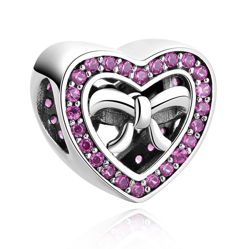 Bead Rotes Schleifenherz Charm für Charm Armband, 925er Silber, Zirkonia