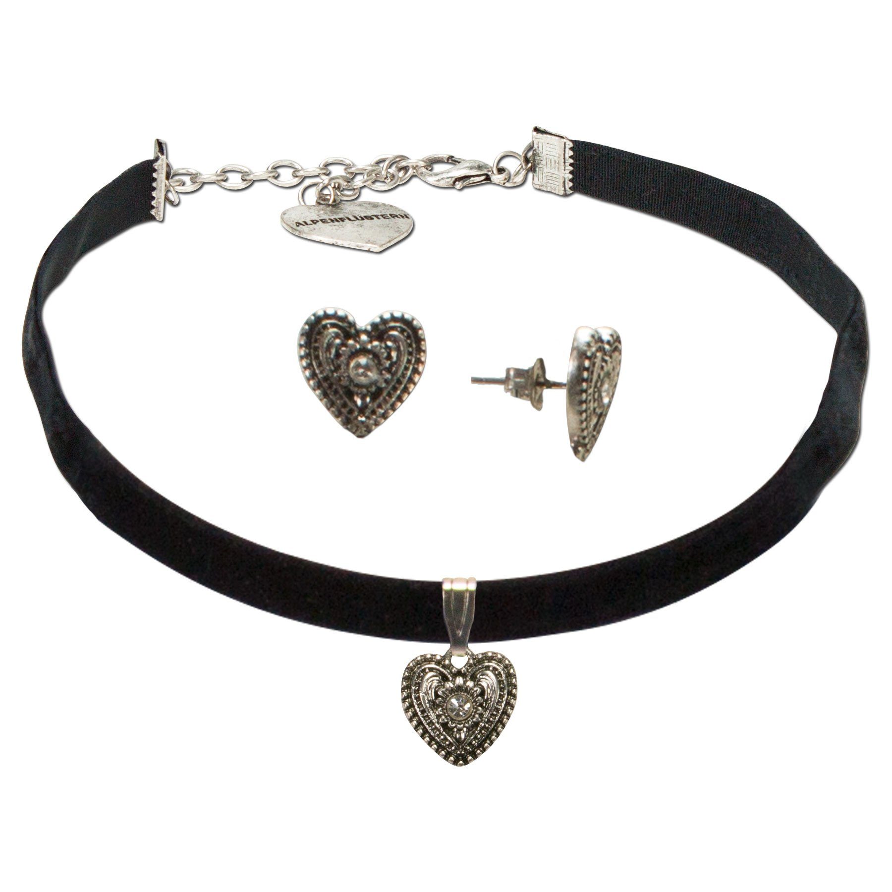 Alpenflüstern Ketten-Set Trachtenschmuck-Set Trachten-Samt-Kropfband und Ohrstecker Trachtenherz (schwarz), - Damen-Trachten-Schmuck, Trachtenset Trachtenkette und Trachten-Ohrringe