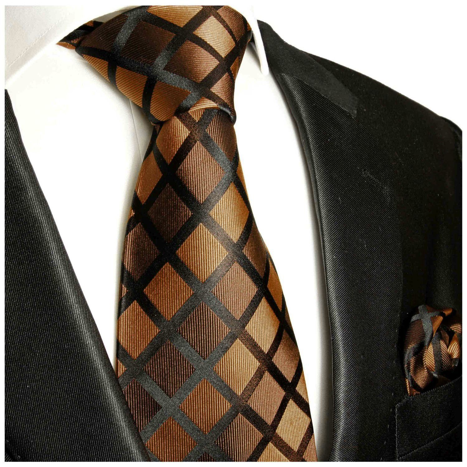 modern 485 Krawatte Einstecktuch) Breit mit Malone Paul Herren kariert 2-St., Seidenkrawatte braun Seide (8cm), 100% schwarz mit Krawatte Tuch (Set,