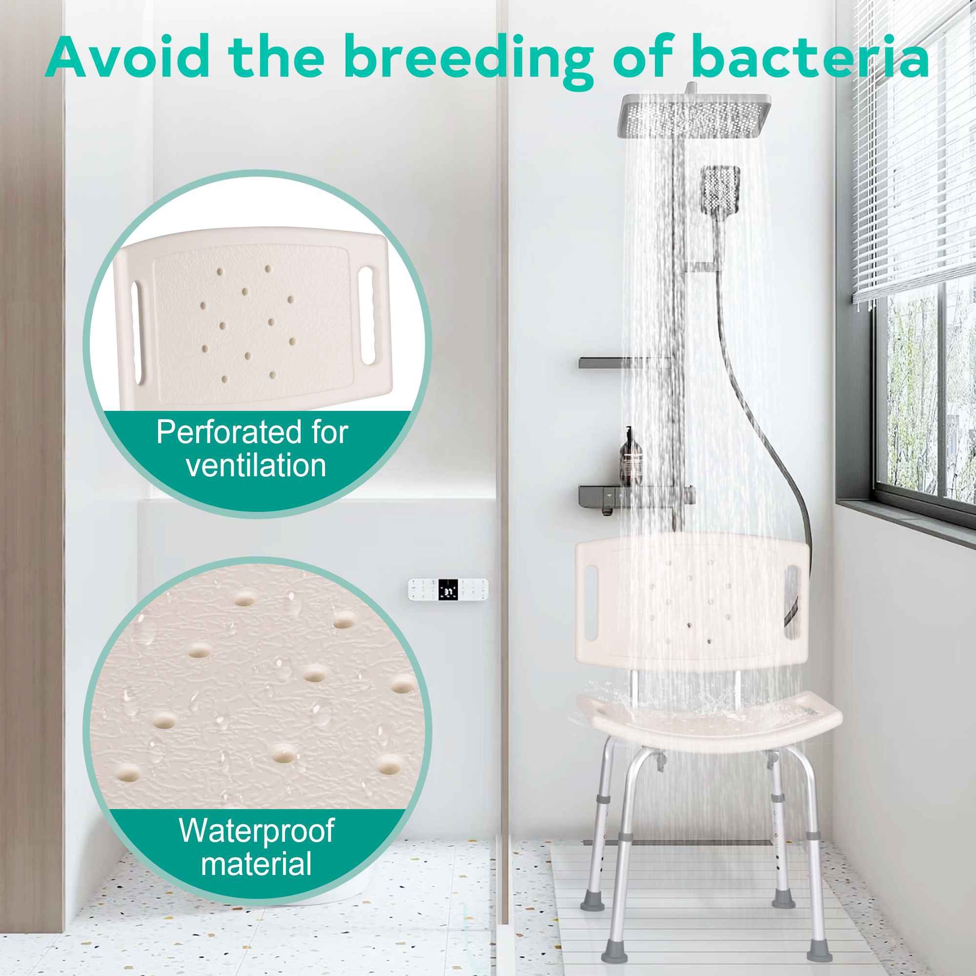 BBG Duschstuhl Duschhocker mit Rückenlehne, höhenverstellbare Beine, rutschfeste Füße, wasserfest, belüftet, bis 136 kg belastbar, einfach montierbar