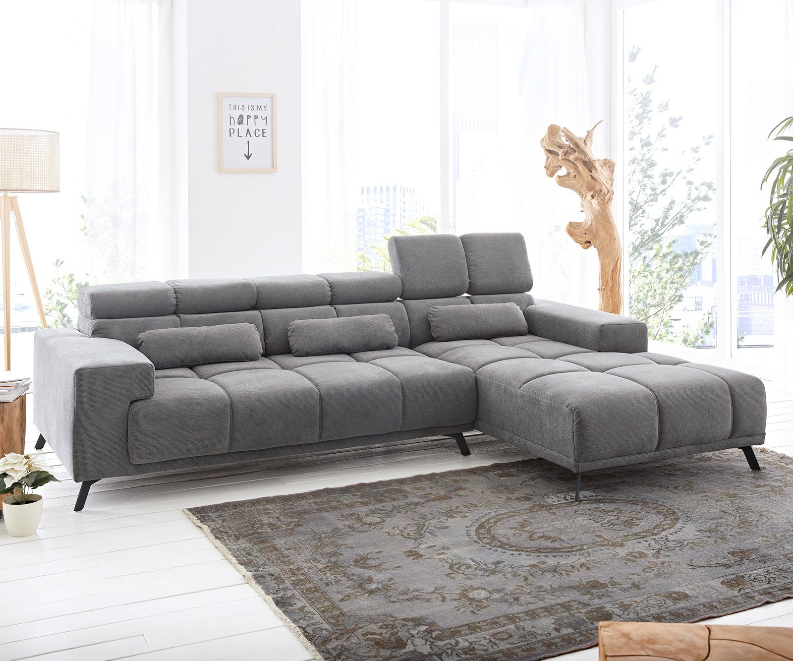 DELIFE Ecksofa Ordino, Mikrofaser Grau 285x200 Ottomane rechts Relaxfunktion Ecksofa