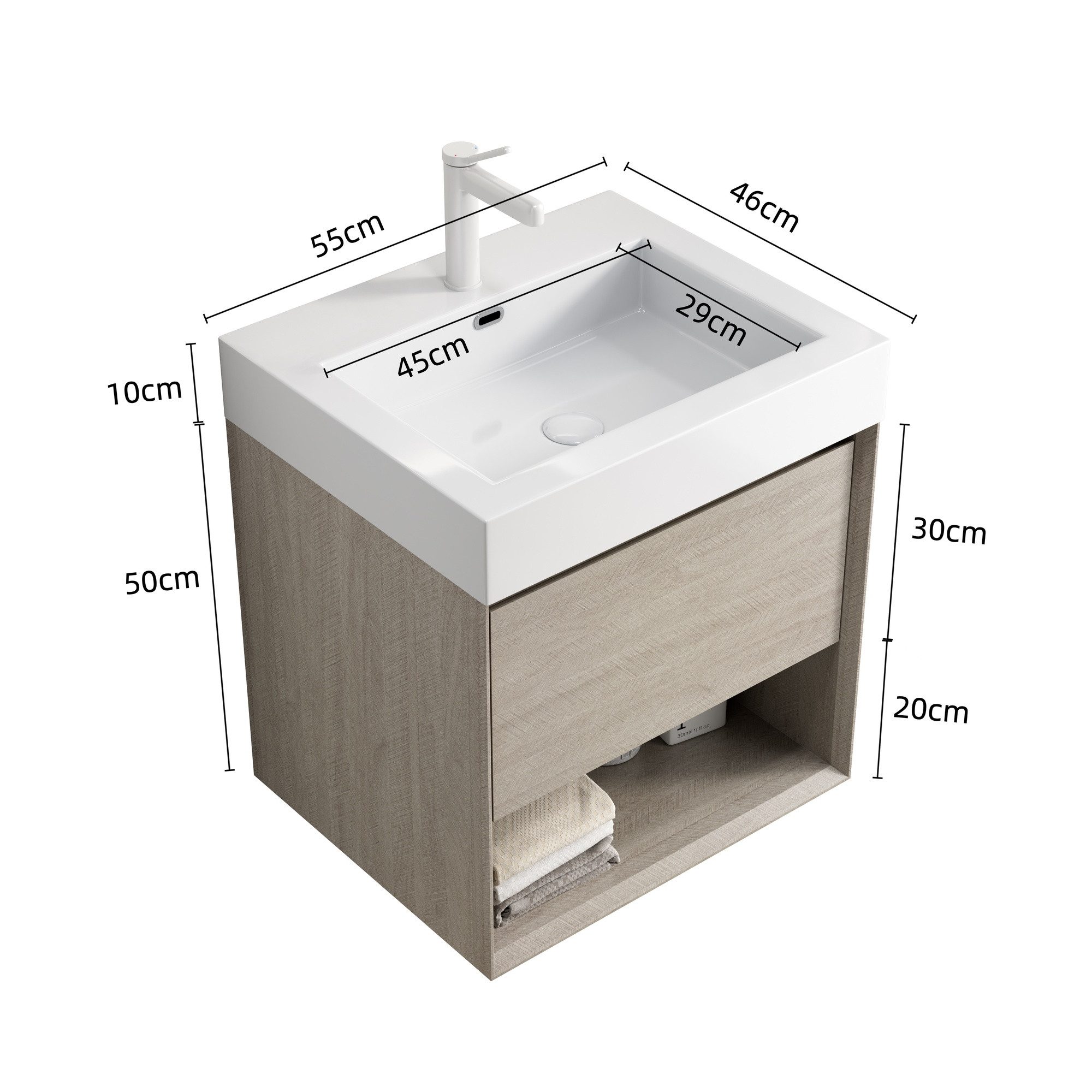 IDEASY Waschbecken LUZ Wand-Waschtisch 55cm weiß Resinbecken Eiche Hell