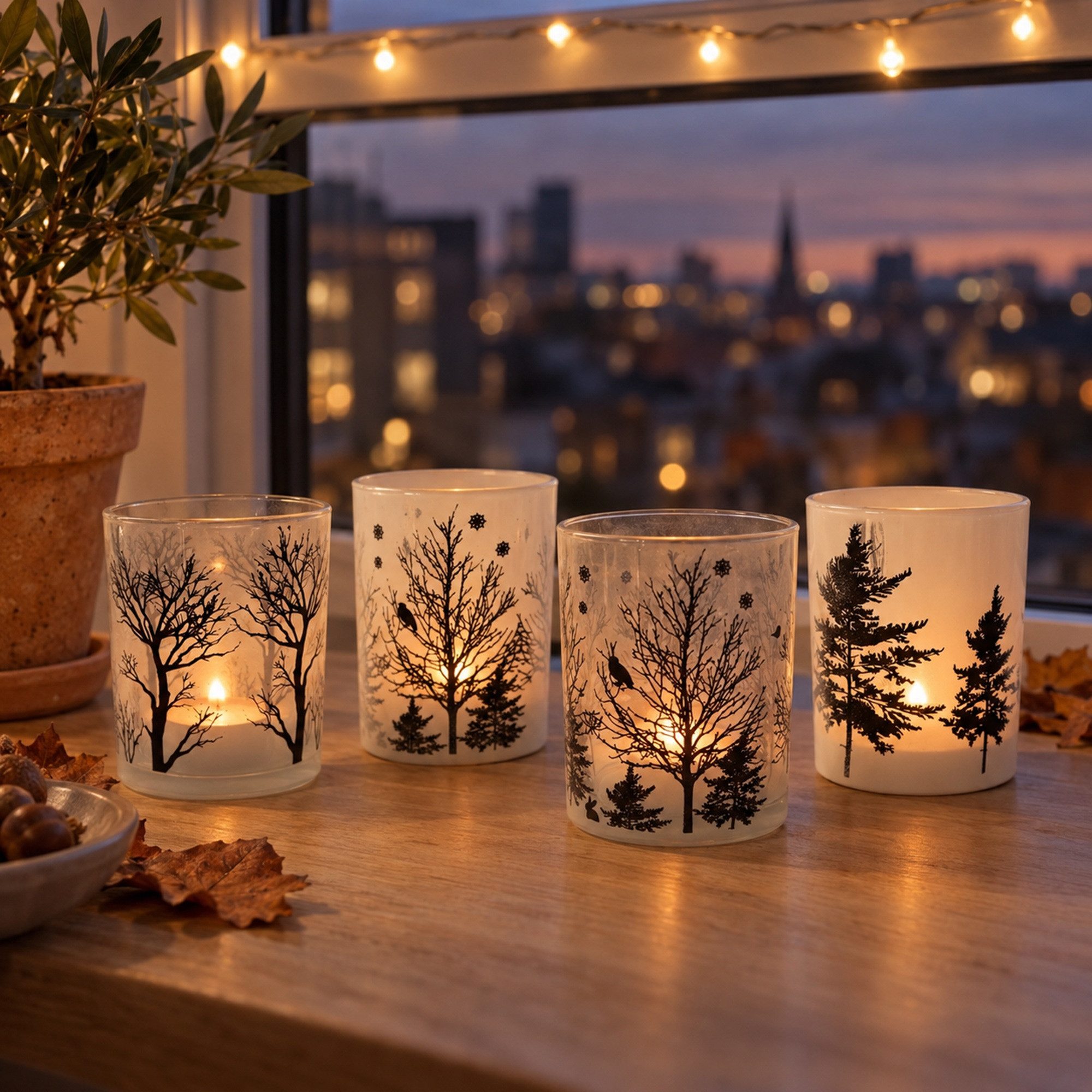 INtrenDU Teelichthalter Windlichter aus Glas, Baum-Motive, je 10 cm hoch (4er-Set), Winterwald mit Eule und Tannen