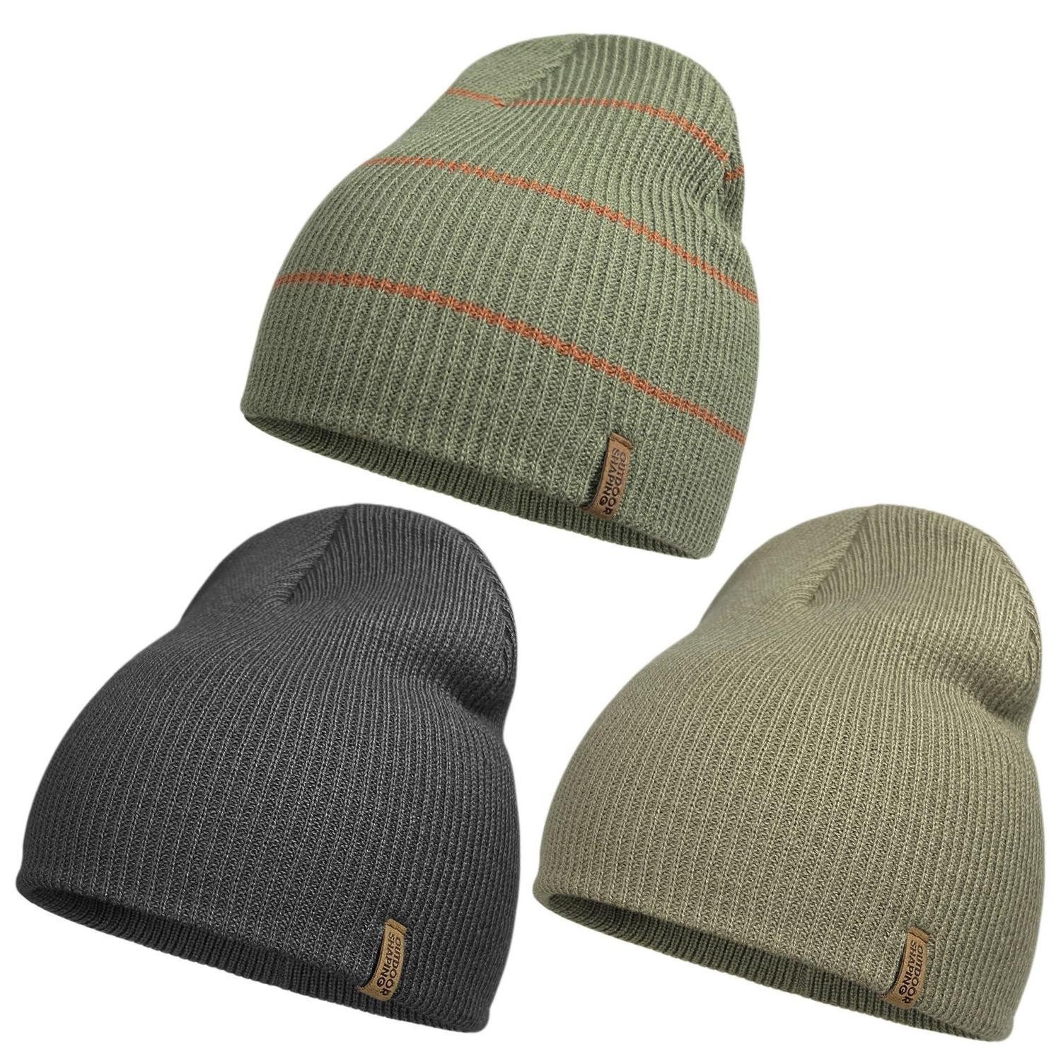 LuxusKollektion Strickmütze Beanie Herren Damen Strick Cuffed Lederpatch Graugrün Schwarz Khaki