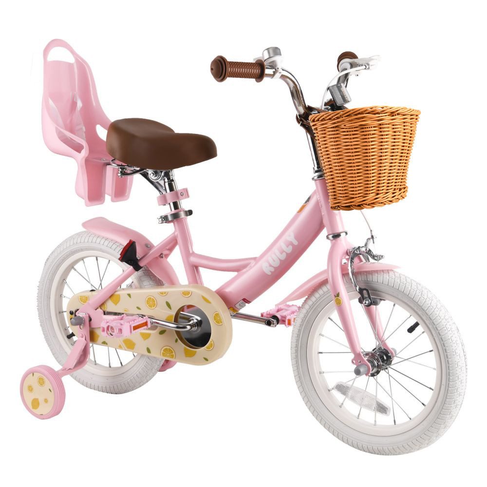 RULLY Kinderfahrrad Kinderfahrrad für Mädchen 12/14/16 Zoll, 2–7 Jahre, 1 Gang, Mit Lenkerkorb, Puppensitz und abnehmbaren Stützrädern
