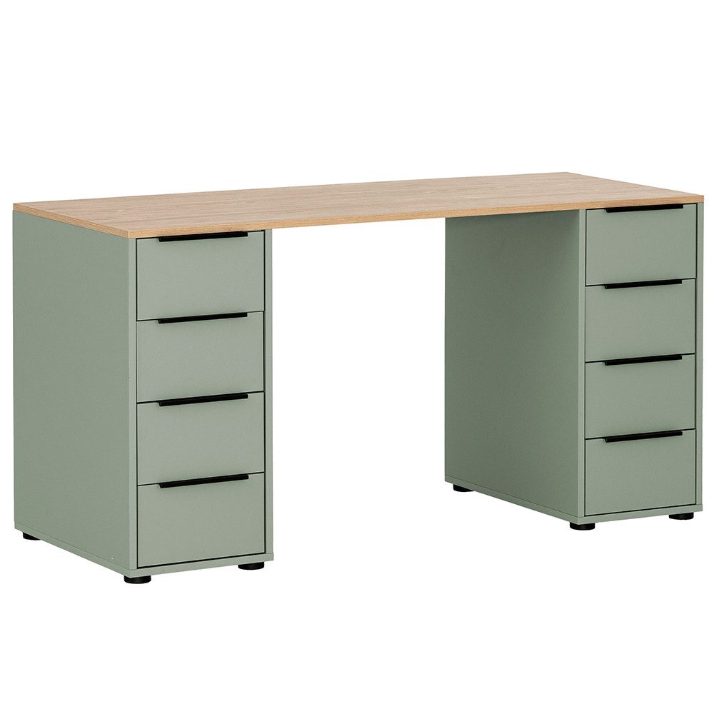 Lomadox Schreibtisch EDEN-80, Büro mit 8 Schubladen in pistazie grün mit Eiche, 140/73,1/55 cm