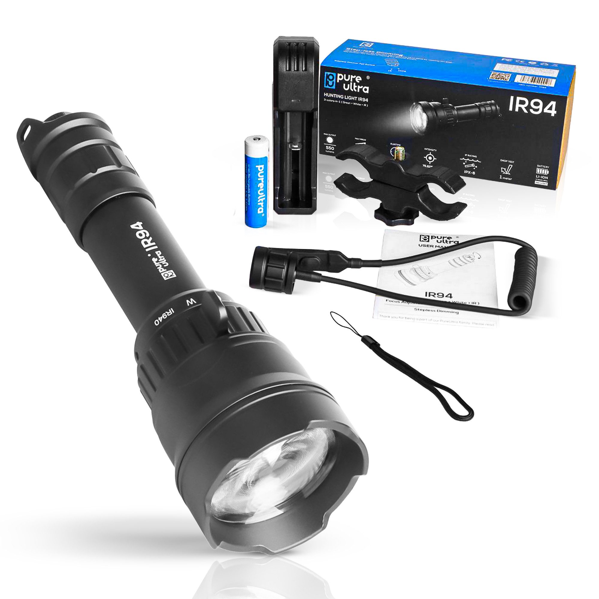 PureUltra Taschenlampe IR94 Infrarot, 3-in-1 Licht (Weiß, Grün, IR940nm) mit Zoom & Dimmer