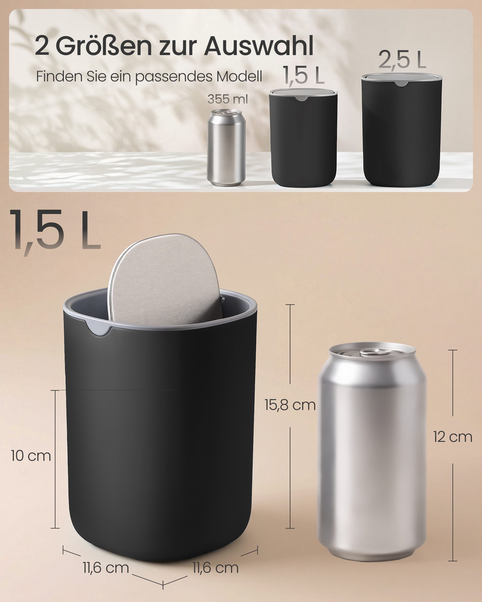 SONGMICS Kosmetikeimer mit Deckel, Tischmülleimer, 1.5L, für Schreibtisch, Schlafzimmer, Auto, Schwingdeckel aus Edelstahl