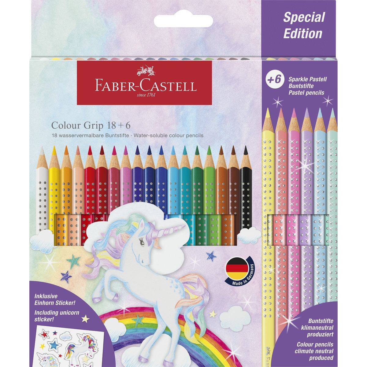 Faber-Castell Buntstift FABER-CASTELL Buntstifte Colour Grip Einhorn 18+6 Stück Kartonetui